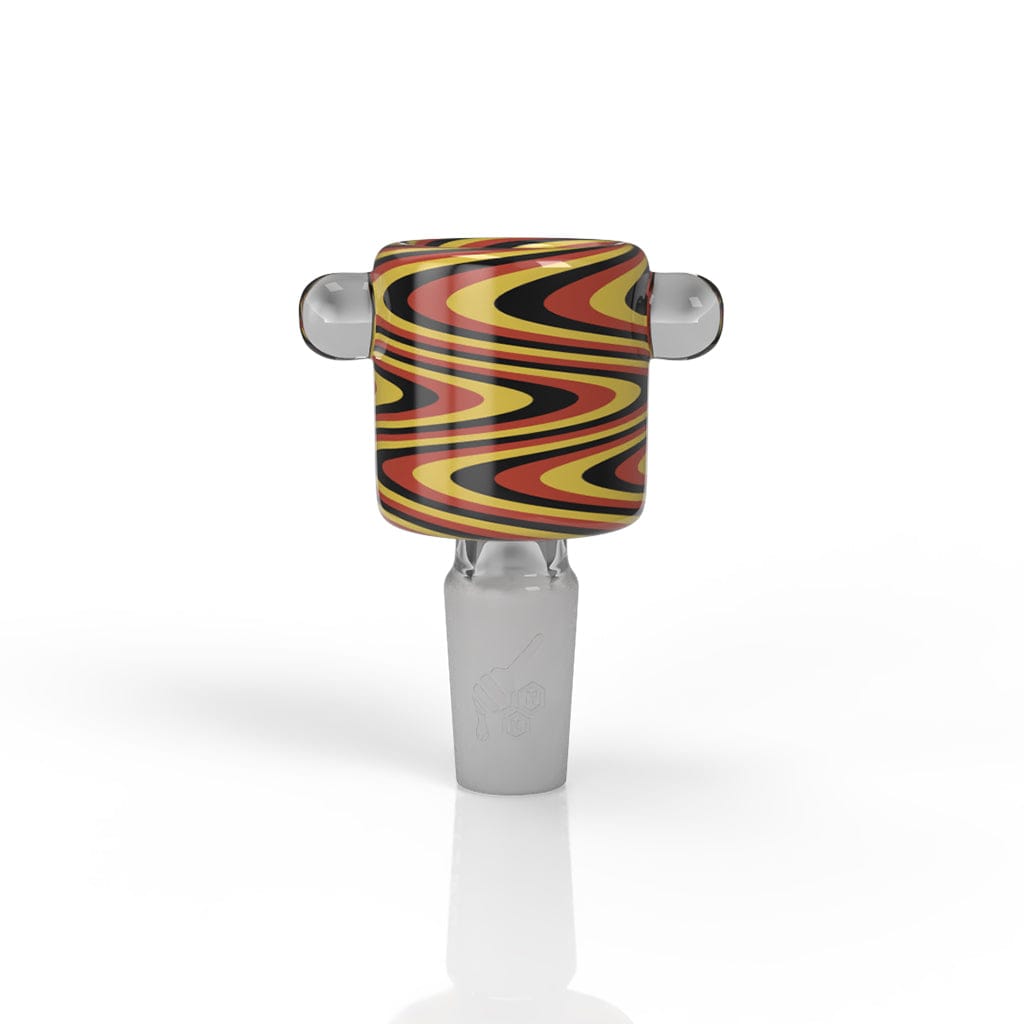 Centered front view of the Honeybee Herb Glass Flower Bowl (Fb-9) showing an orange, black, and yellow swirled cylindrical top with two clear side knobs on a white background