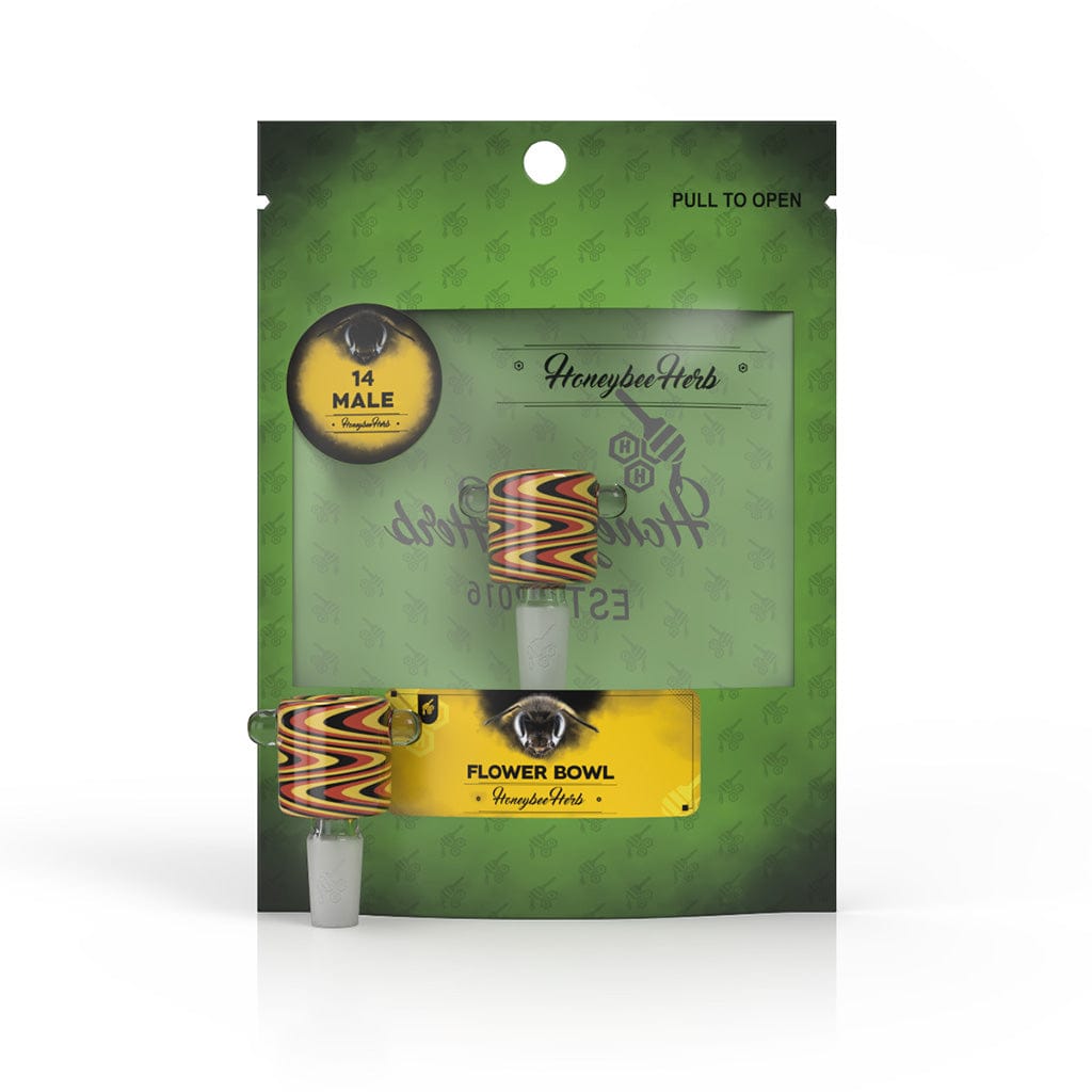 Center-front view of the Honeybee Herb Glass Flower Bowl (Fb-9) showing a striped multicolor glass bowl mounted on green branded packaging.