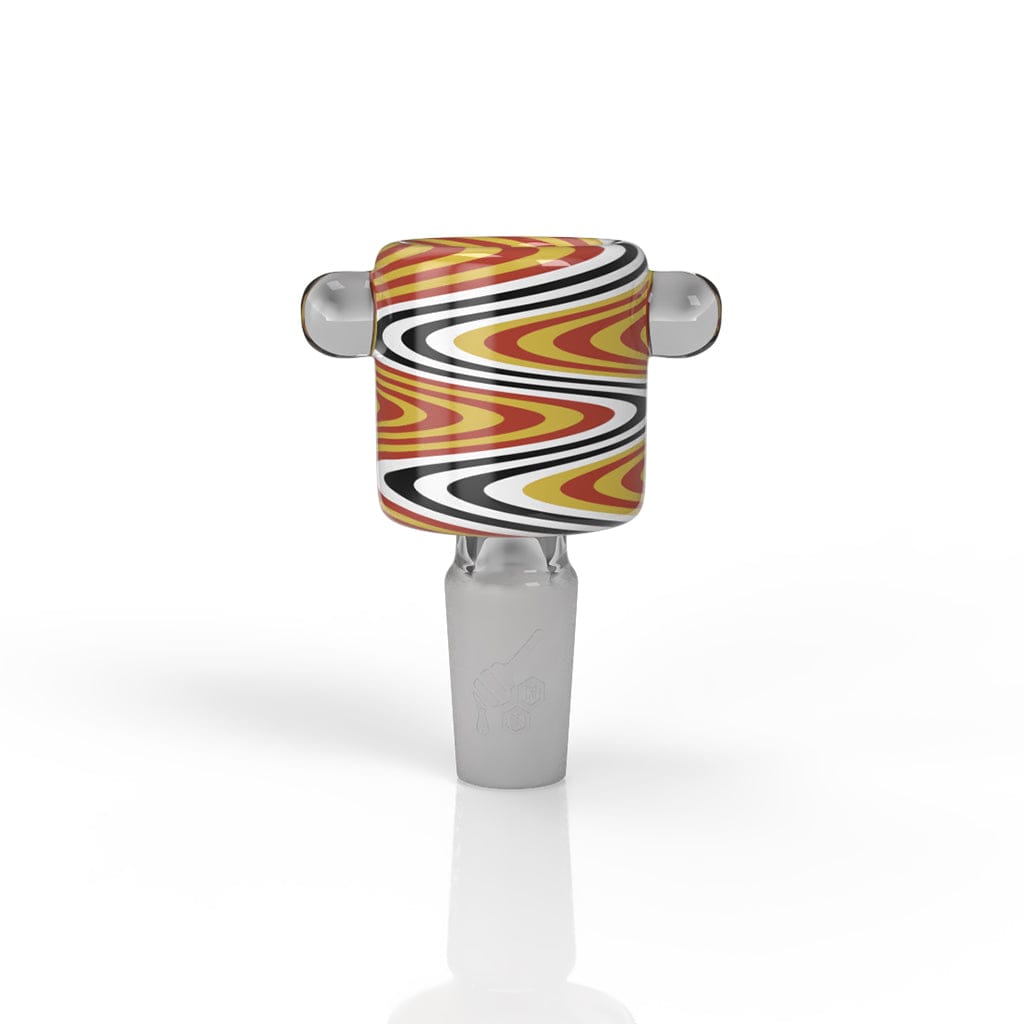 Front-facing view of the Honeybee Herb Glass Flower Bowl (Fb-9) showing a short cylindrical orange bowl with red, yellow, black, and white wavy stripes and two small side knobs.