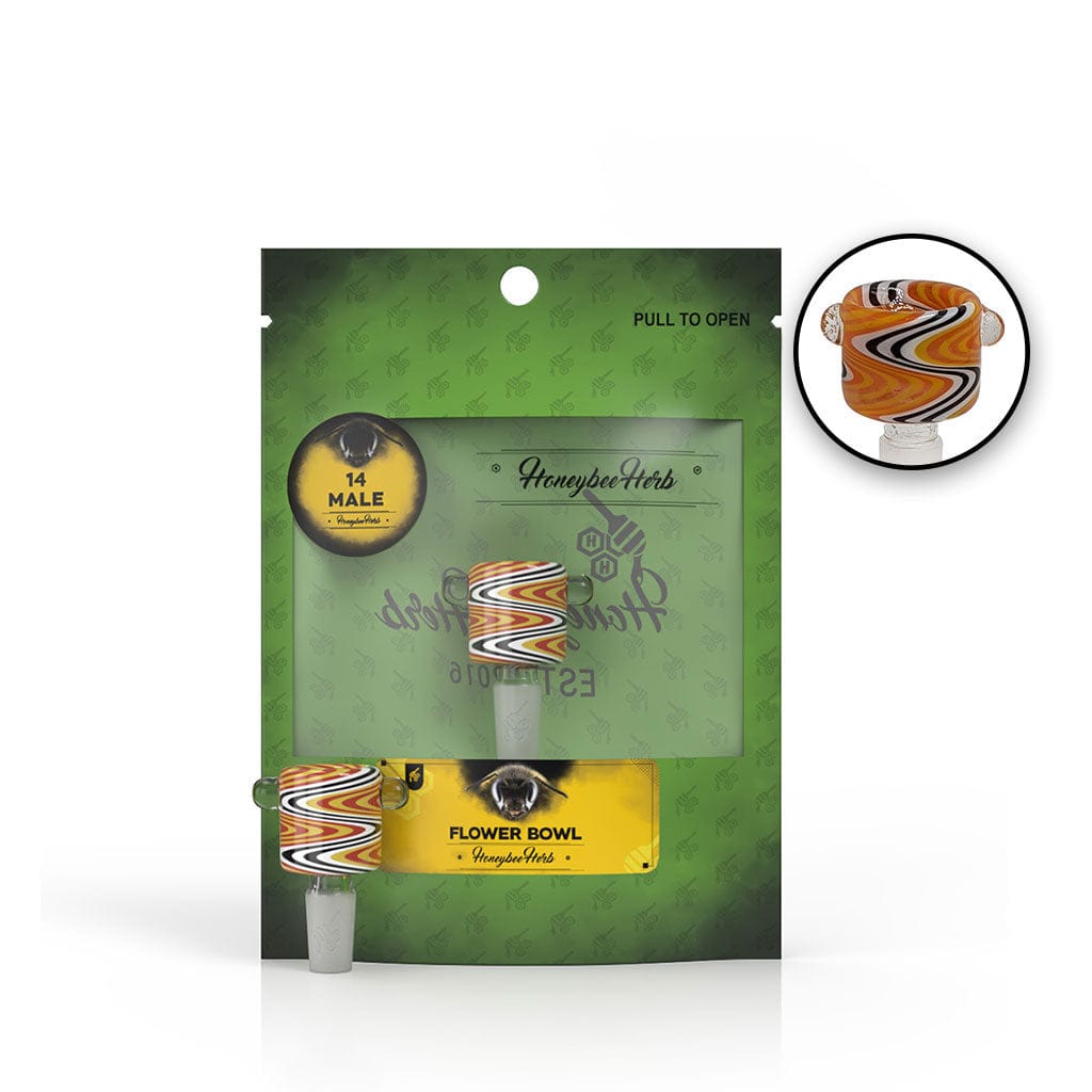Front view of the Honeybee Herb Glass Flower Bowl (Fb-9) showing a swirled orange, white, and black glass bowl centered on green branded packaging.