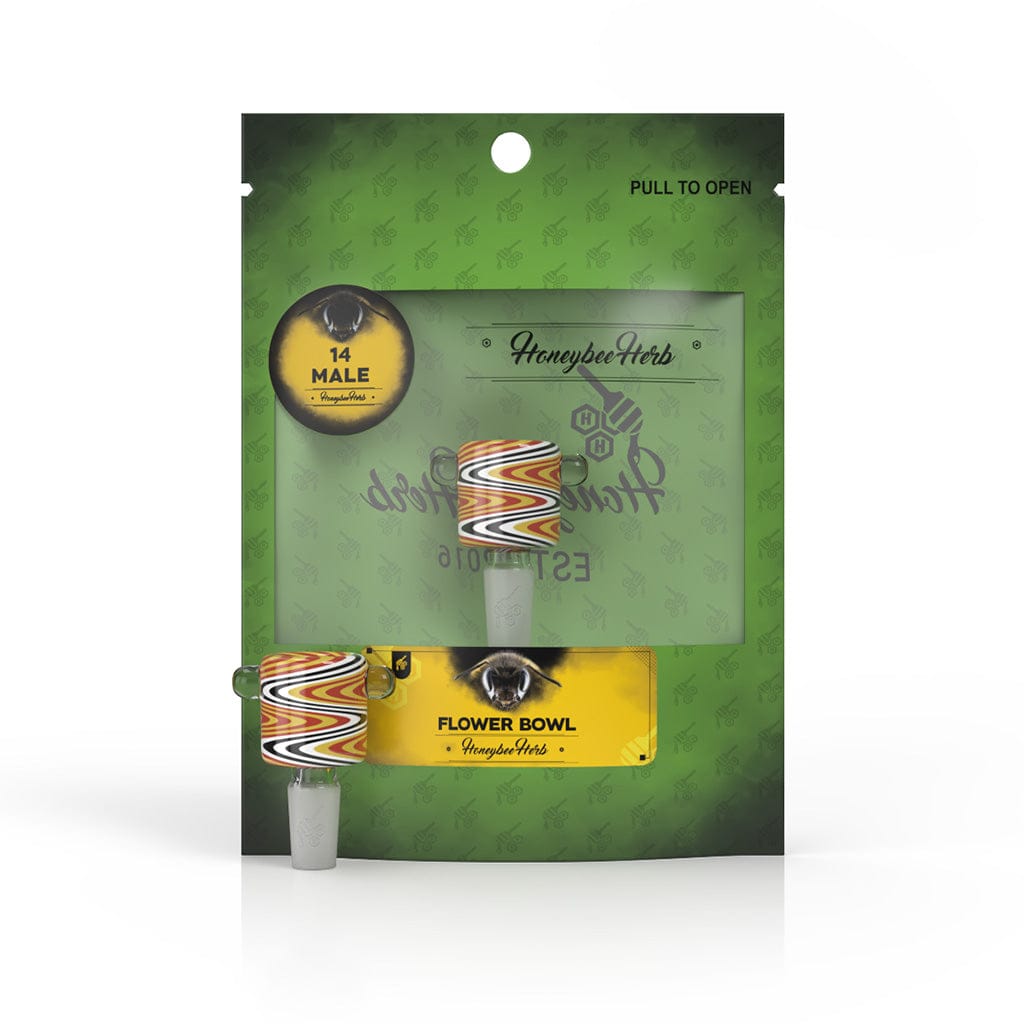 Front-facing product shot of the Honeybee Herb Glass Flower Bowl (Fb-9) showing a colorful swirled glass bowl against a green branded backing card.