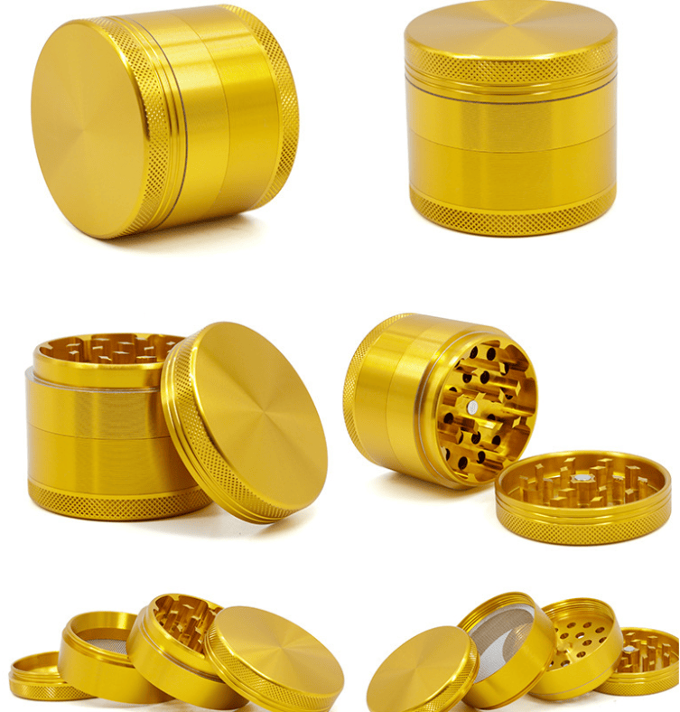 Six close-up studio views of the 4-Piece Aluminum Grinder in metallic gold, showing top, side, and opened sections with sharp teeth and mesh screen.
