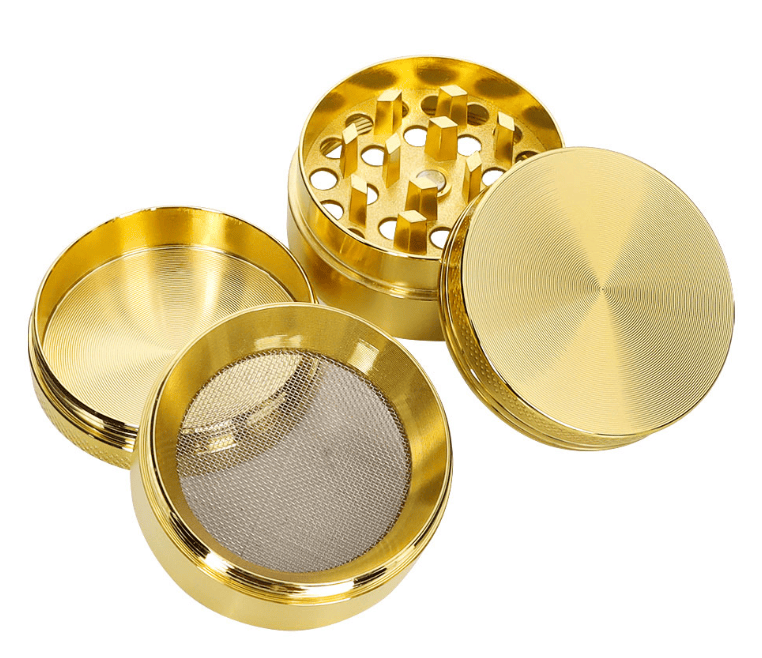Top-down view of the Rose Gold 4-Piece Zinc Grinder showing its four separated circular sections, textured lid, toothed grinding chamber, and fine mesh screen.