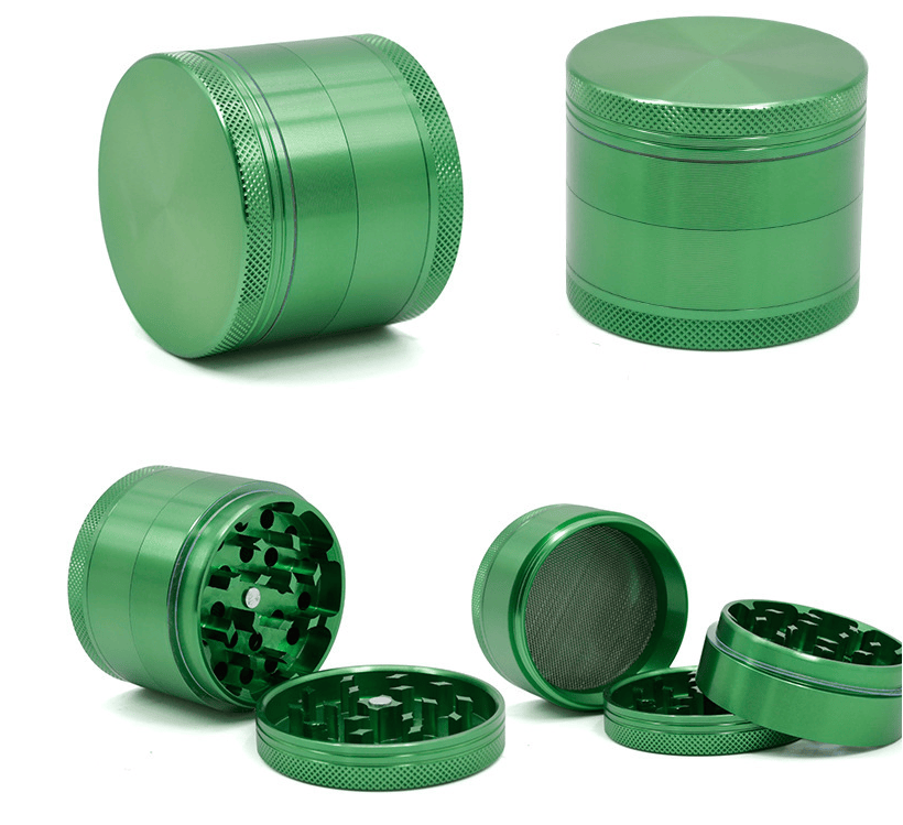 Top-down and angled views of the green 4-Piece Aluminum Grinder showing closed and disassembled sections and knurled edges.