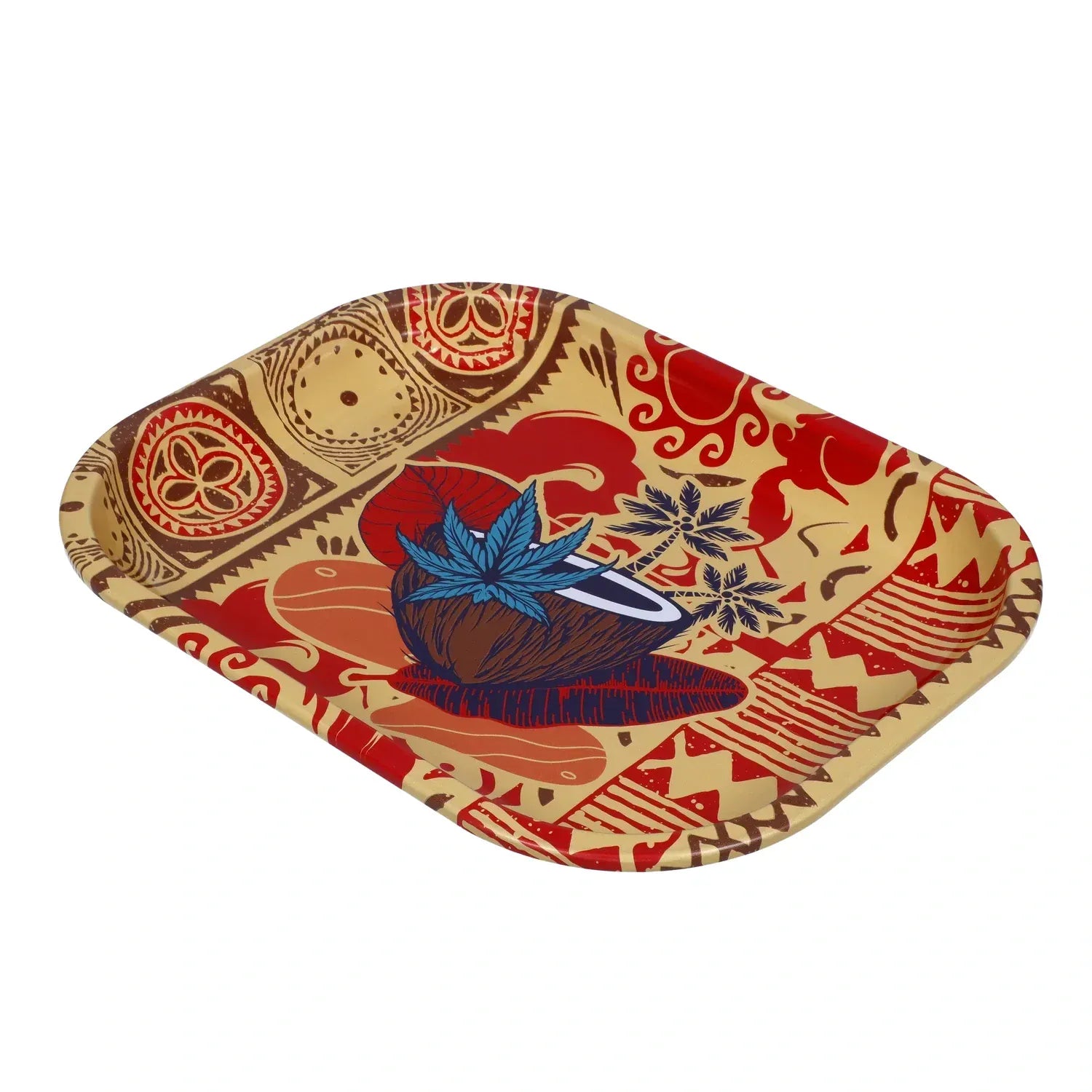 Angled close-up of the Small Cabana Cannabis Co. Rolling Tray showing a red and tan tropical pattern with a blue leaf over a coconut.