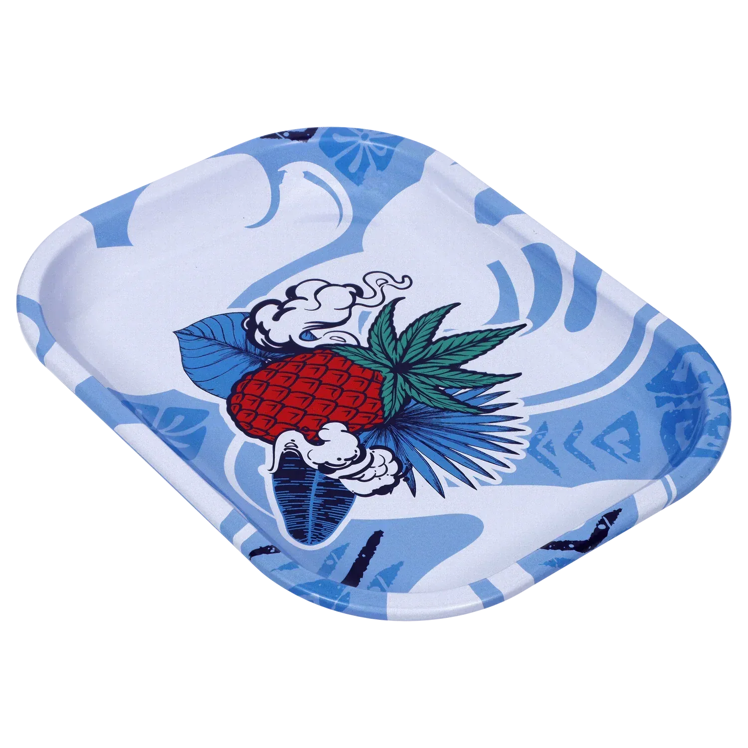 Angled close-up of the Small Cabana Cannabis Co. Rolling Tray showing a blue surfari pattern with a red pineapple and green leaf graphic.