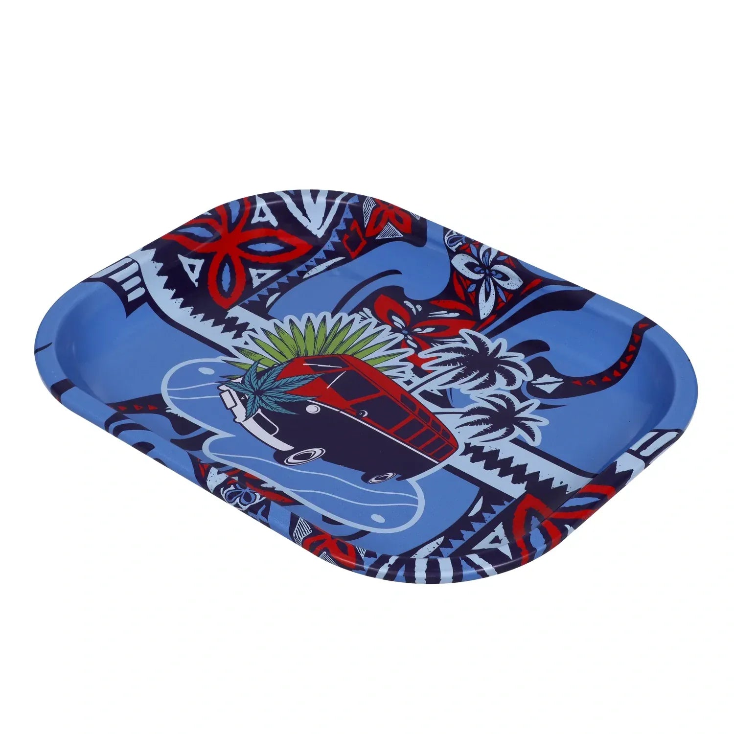 Angled close-up of a blue Small Cabana Cannabis Co. Rolling Tray featuring a red surf van, palm trees and bold red-and-black floral patterns.