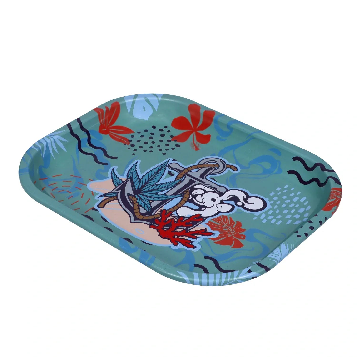 Angled close-up of a teal Small Cabana Cannabis Co. Rolling Tray decorated with red hibiscus, a blue leaf-and-anchor motif, and abstract wave patterns.