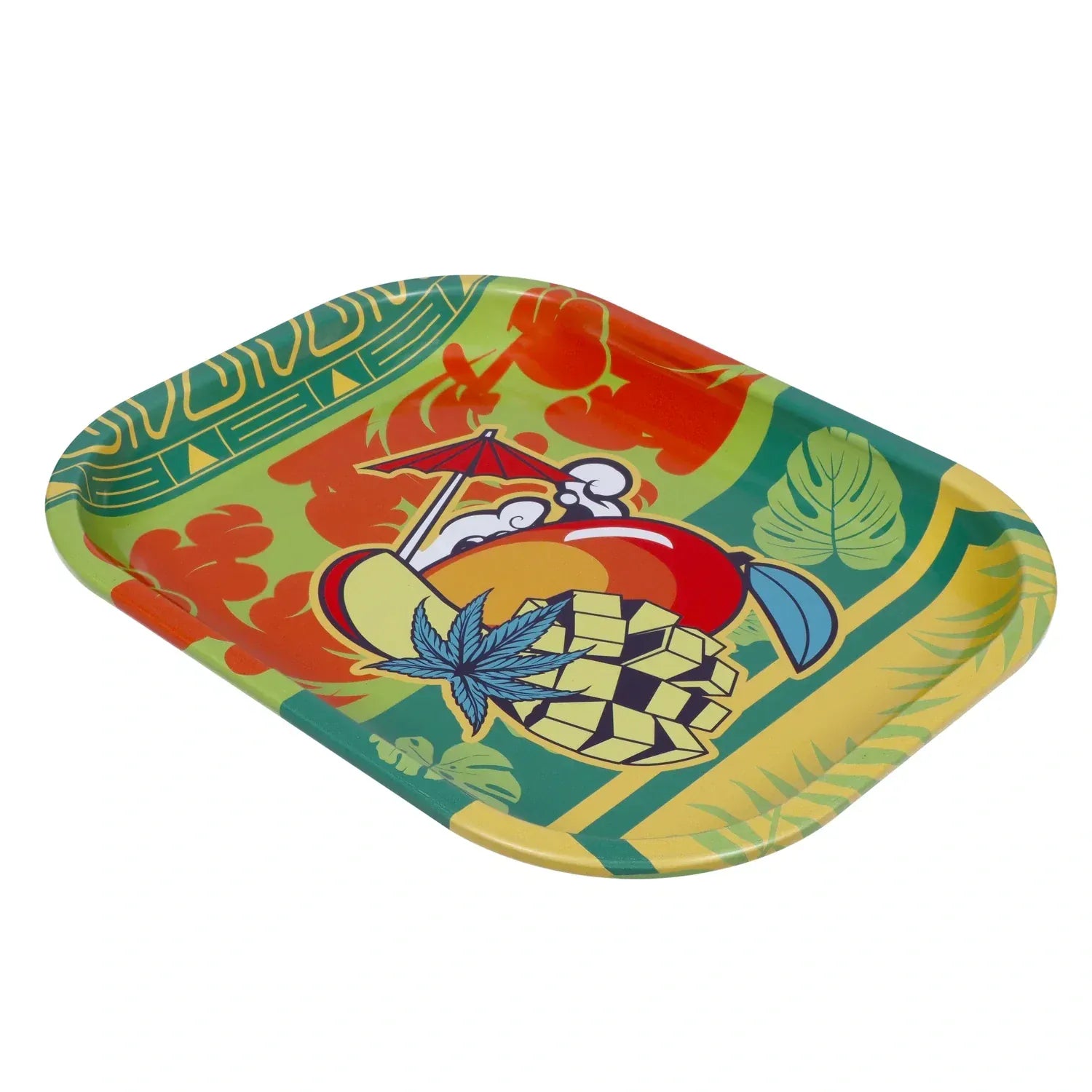 Angled top view of a colorful Small Cabana Cannabis Co. Rolling Tray showing tropical leaves, fruit graphics, a blue cannabis leaf motif, and a green-yellow border.