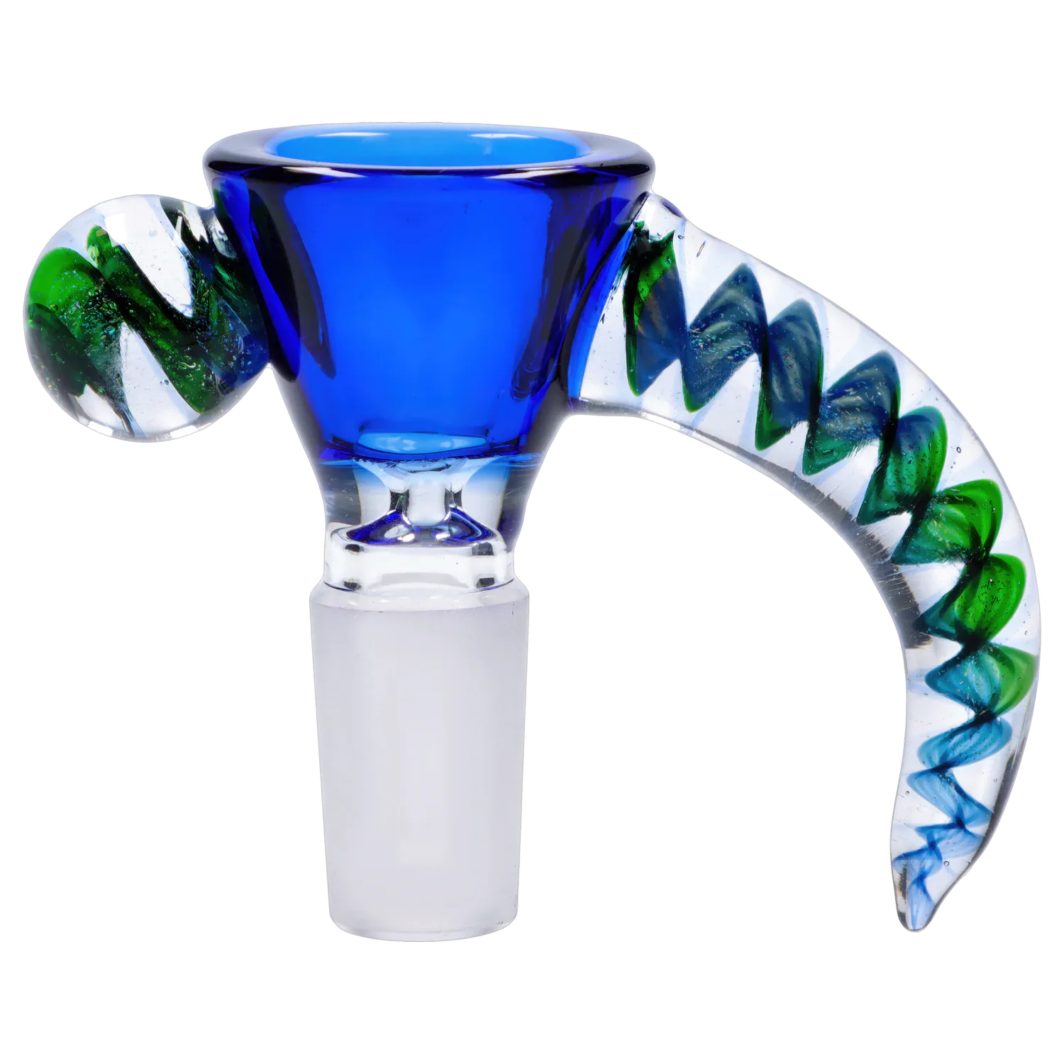 Close-up side view of the DHC Horn Herb Bowl - 14mm showing a cobalt blue glass bowl with a clear handle twisted with green and blue ribbon.