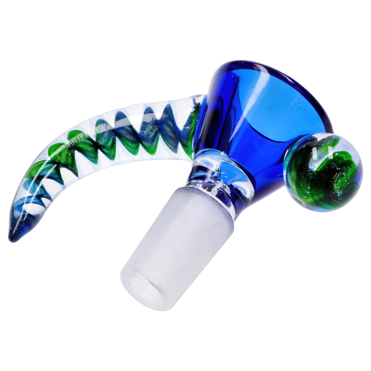 Angled close-up of the DHC Horn Herb Bowl - 14mm showing its cobalt blue glass bowl, clear twisted horn with green ribboning, and frosted 14mm joint