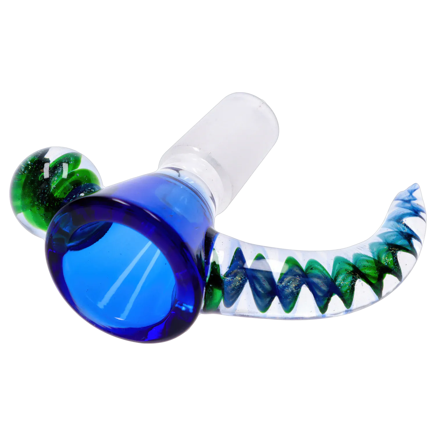 Angled close-up of the DHC Horn Herb Bowl - 14mm showing a blue glass mouthpiece and a curved clear horn with green spiral accents.