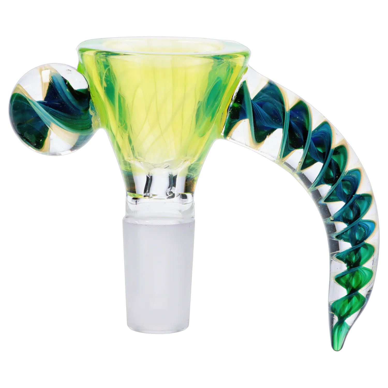 Close-up front view of the DHC Horn Herb Bowl - 14mm showing a lime-green glass bowl with a clear twisted horn handle featuring blue-green spirals.