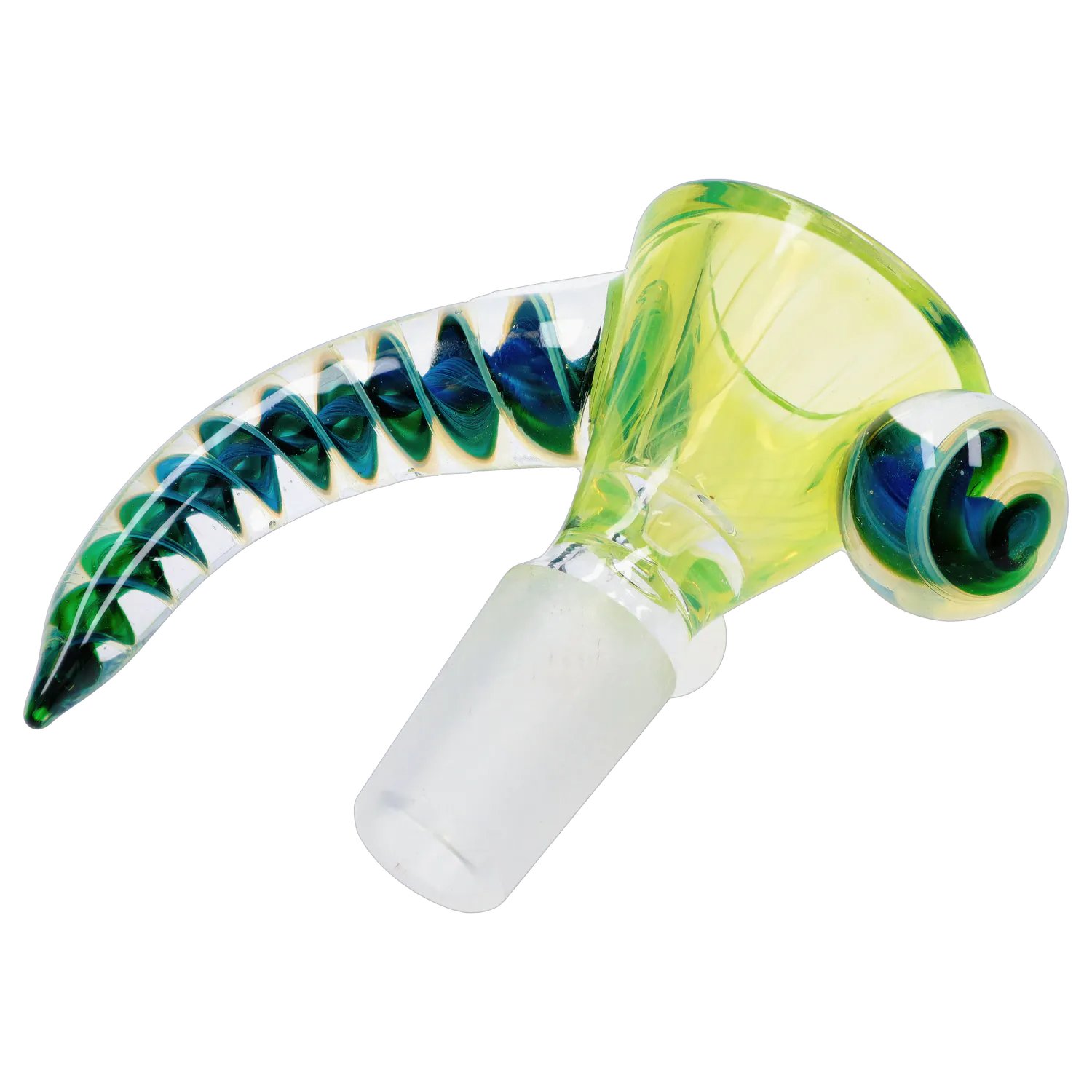 Angled close-up of the DHC Horn Herb Bowl - 14mm showing its translucent yellow-green glass cup and curled, blue-green twisted horn detail.