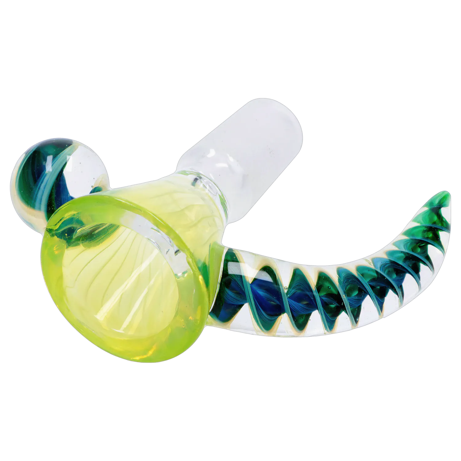 Angled close-up of the DHC Horn Herb Bowl - 14mm showing its lime-green glass bowl and curved clear handle with blue-green spiral accents.