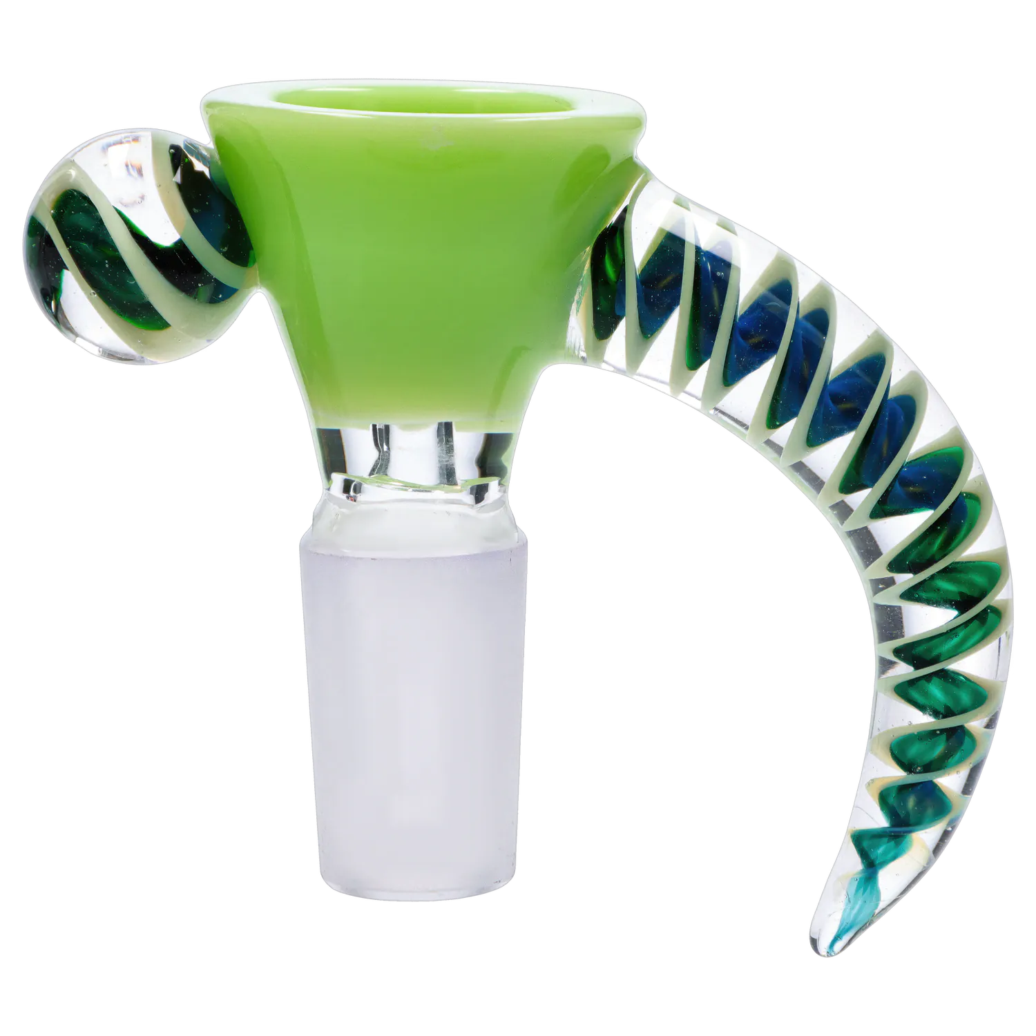 Close-up front view of the DHC Horn Herb Bowl - 14mm showing a lime-green bowl with a clear twisted handle of blue-green spirals.