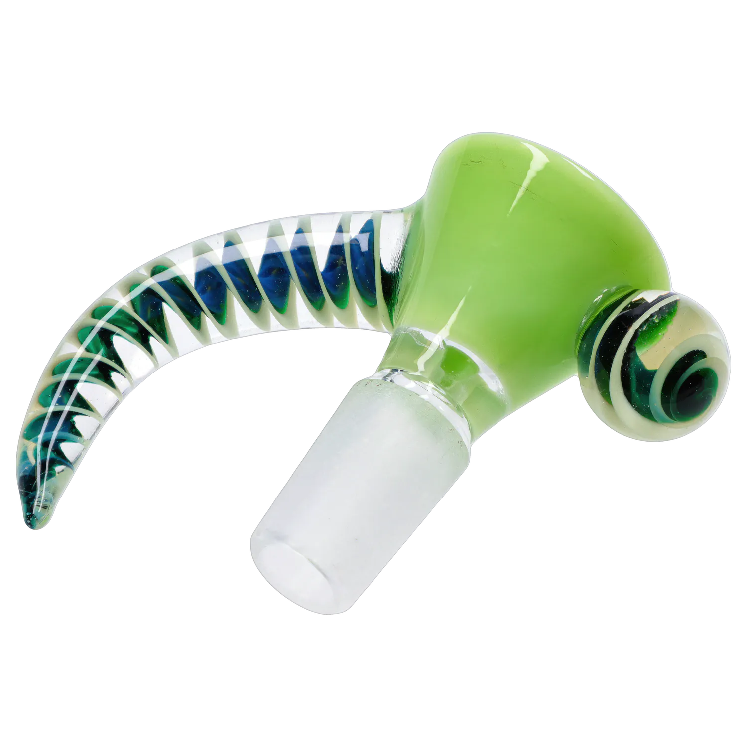 Angled close-up of the green DHC Horn Herb Bowl - 14mm showing a curved clear glass handle with blue-green spirals and a frosted 14mm joint