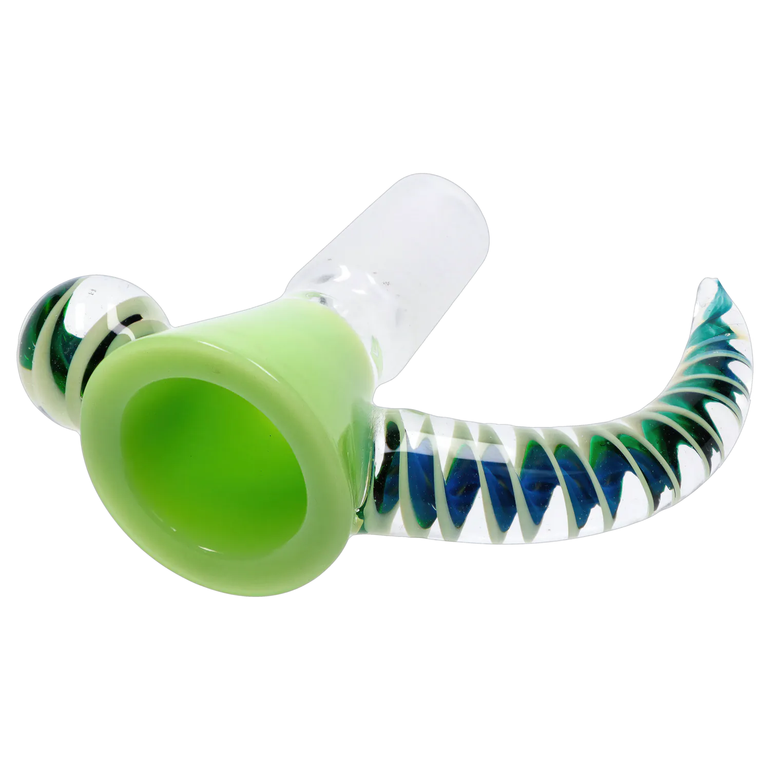 Close-up angled view of the green glass bowl and twisted clear handle on the DHC Horn Herb Bowl - 14mm.