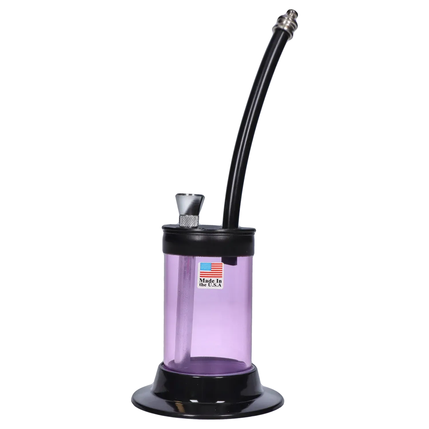 Side view of a purple JM Plastics Mini Hoser with Carb Hole Acrylic Bong showing its black curved mouthpiece, metal bowl, and "Made in the U.S.A." label.