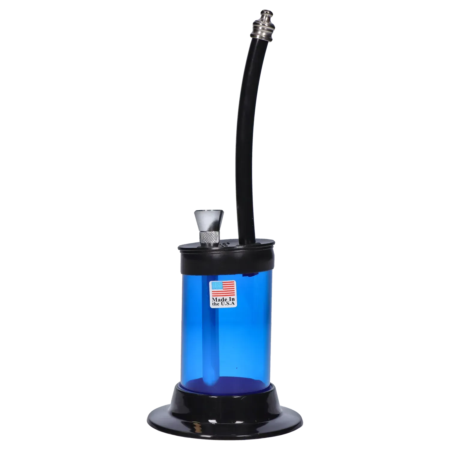 Vertical close-up of the JM Plastics Mini Hoser with Carb Hole Acrylic Bong showing a blue translucent chamber, black curved neck, metal bowl, and a "Made in the U.S.A." sticker.
