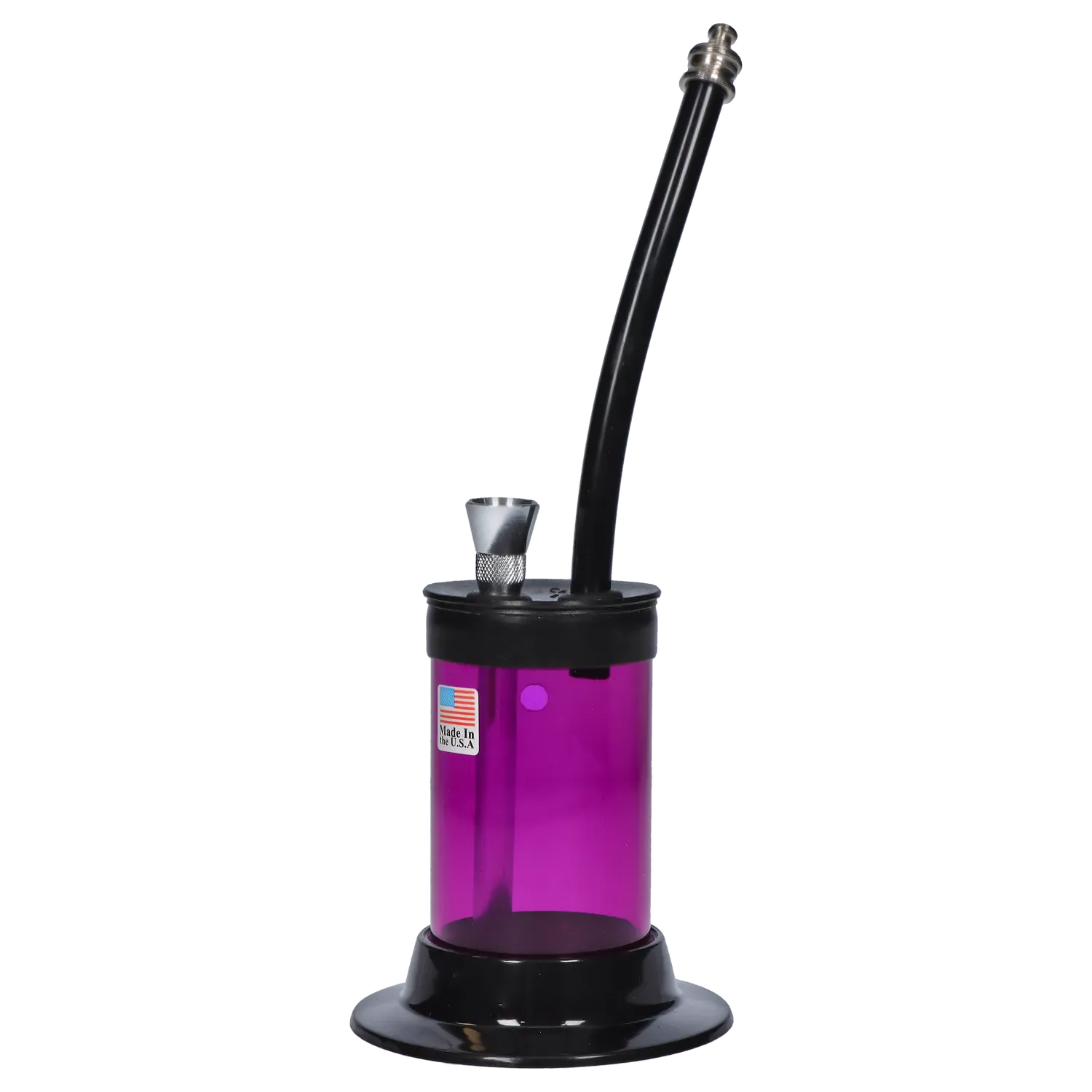Side view of a purple JM Plastics Mini Hoser with Carb Hole Acrylic Bong showing its black curved mouthpiece, metal bowl, and glossy black base.