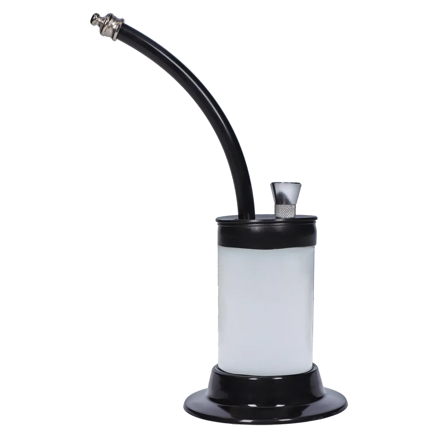 Side view of the JM Plastics Mini Hoser with Carb Hole Acrylic Bong showing its curved black mouthpiece, silver metal bowl and frosted white cylindrical body on a black base