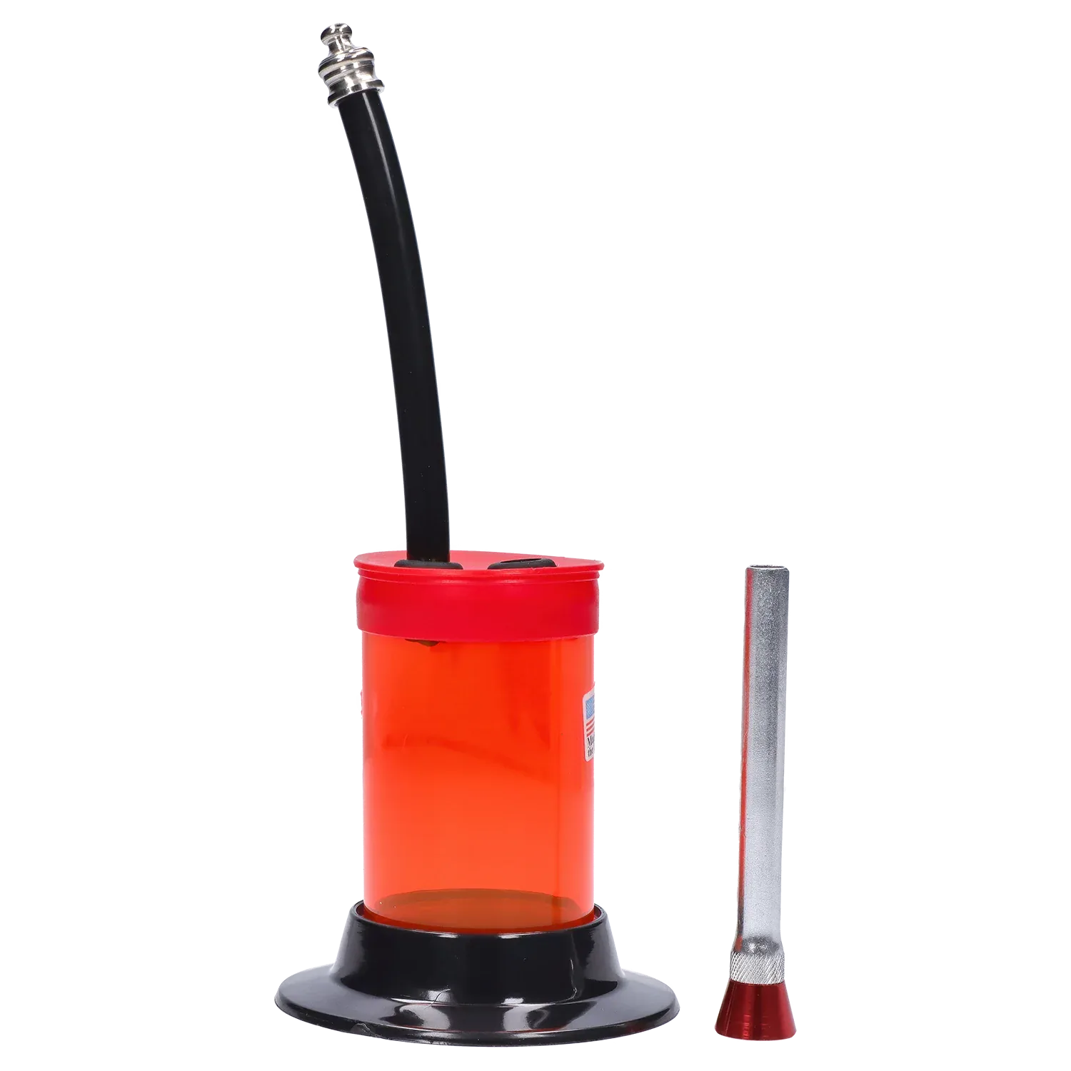 Front view of the JM Plastics Mini Hoser with Carb Hole Acrylic Bong showing a translucent orange chamber with red top, black curved mouthpiece and nearby metal downstem.