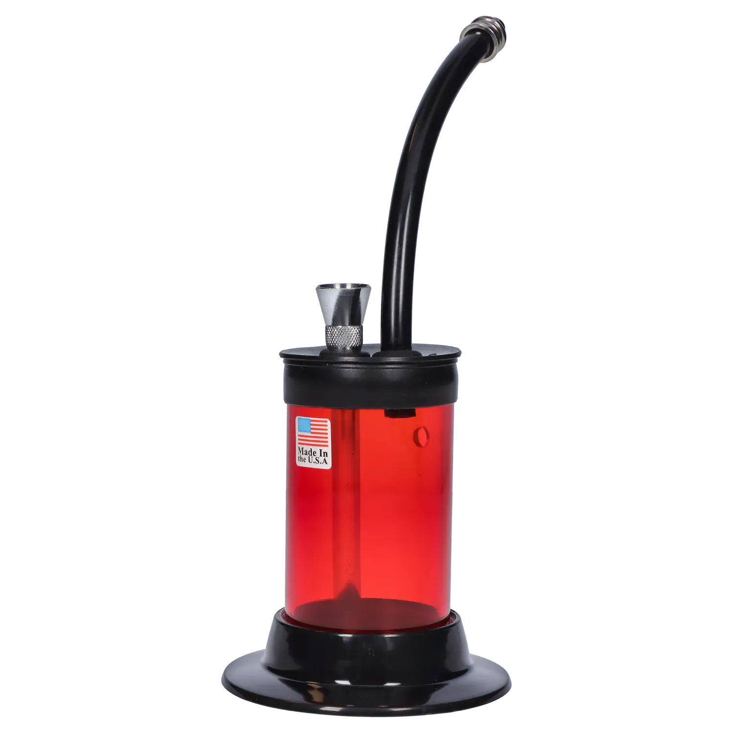 Front-facing view of the red JM Plastics Mini Hoser with Carb Hole Acrylic Bong showing its curved black mouthpiece, silver bowl, and "Made in the U.S.A." sticker.