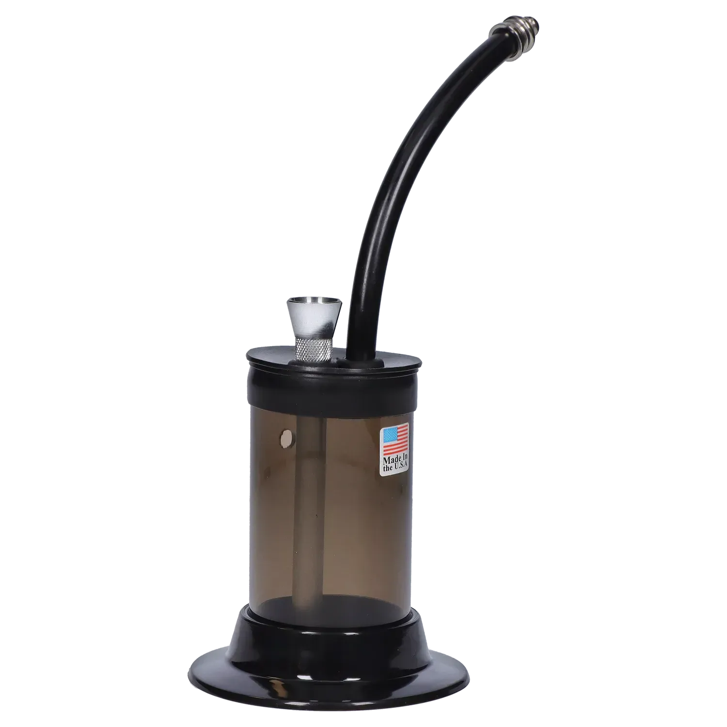 Angled close-up of the JM Plastics Mini Hoser with Carb Hole Acrylic Bong showing its dark-tinted cylindrical chamber, curved black neck, metal bowl, and flared black base.