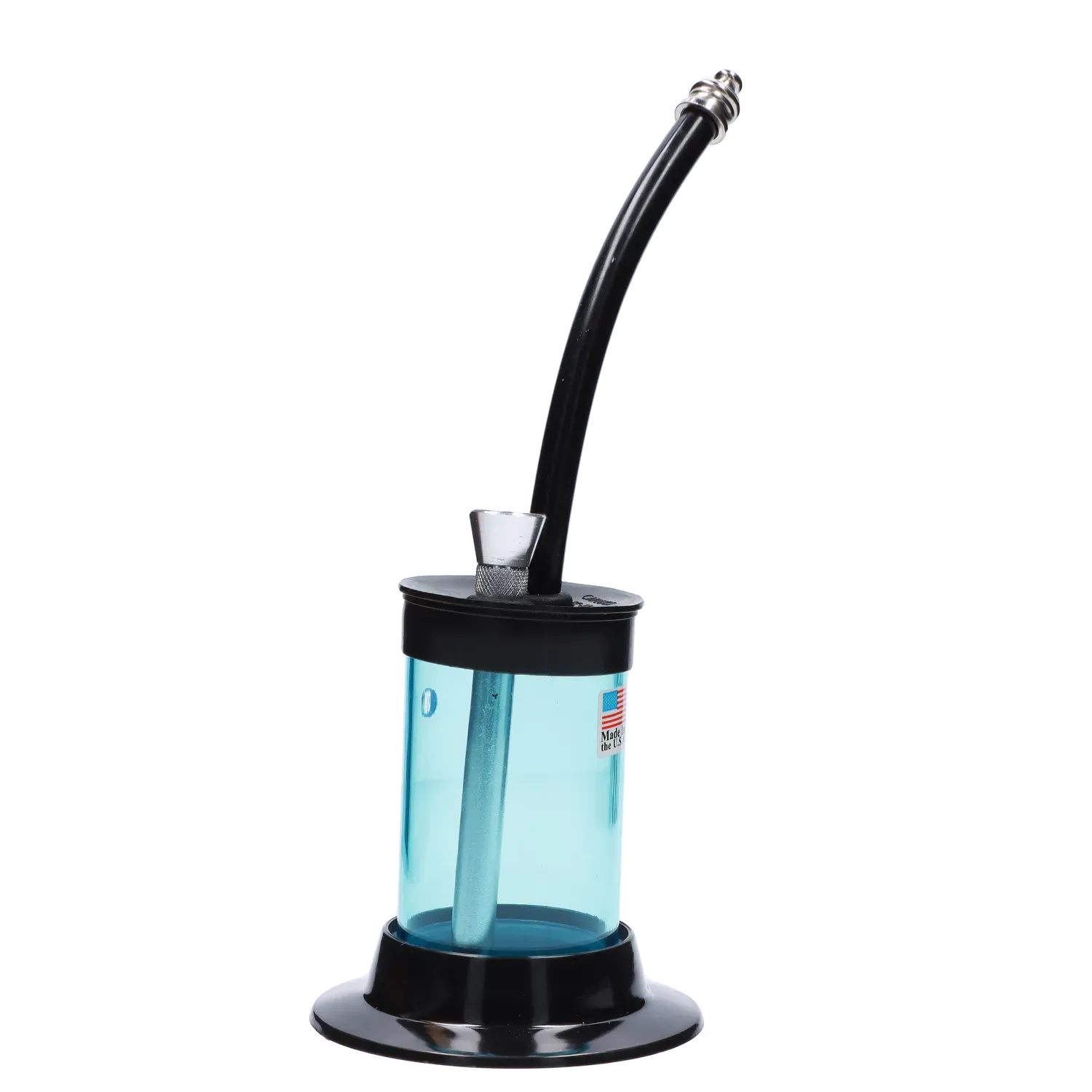 Side view of the JM Plastics Mini Hoser with Carb Hole Acrylic Bong showing a curved black mouthpiece rising from a clear blue-tinted acrylic chamber on a black base.