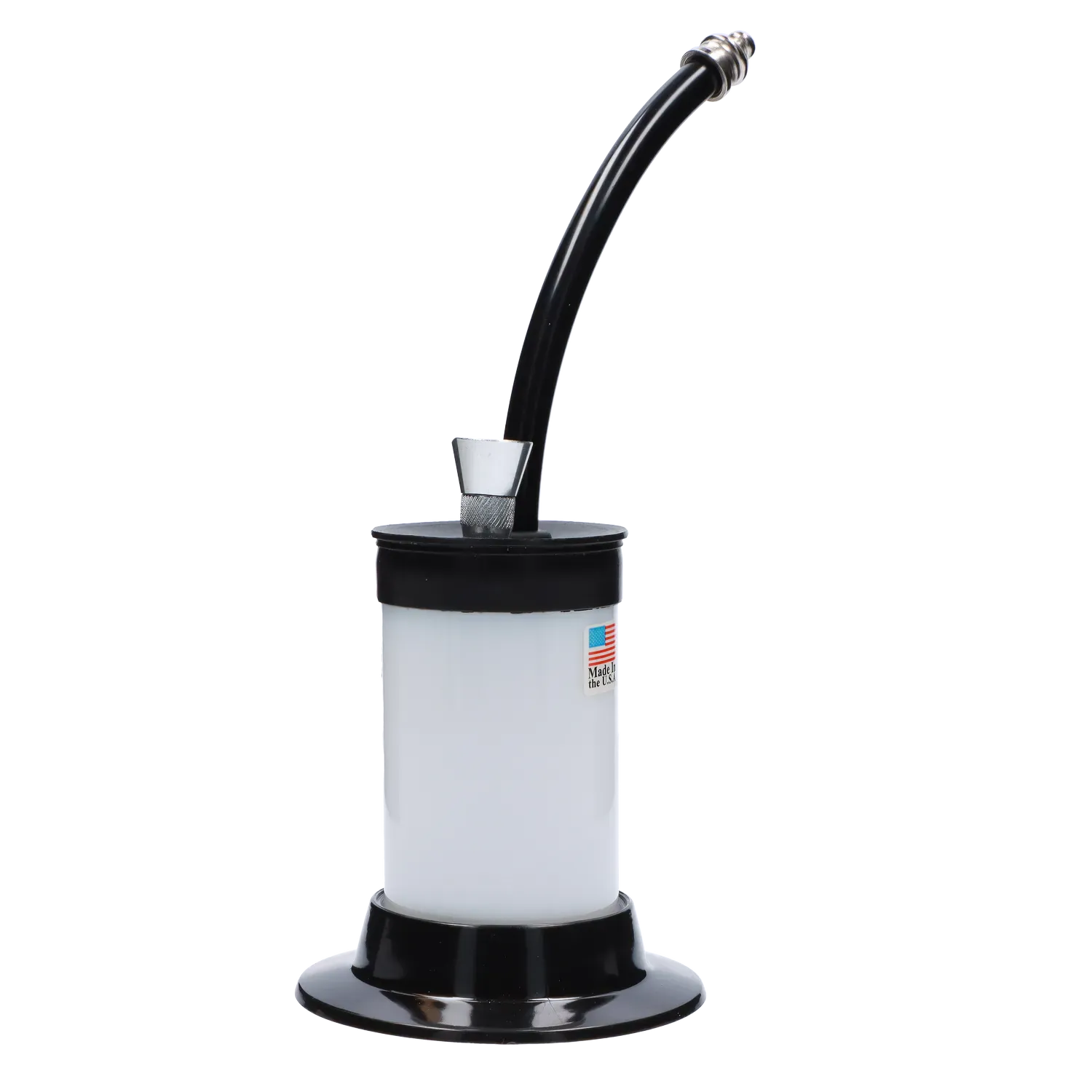 Front view of the JM Plastics Mini Hoser with Carb Hole Acrylic Bong showing its white cylindrical body, black flared base and curved black downstem with a metal bowl.