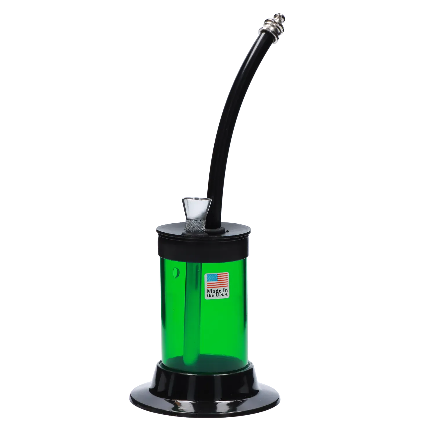 Three-quarter view of the JM Plastics Mini Hoser with Carb Hole Acrylic Bong showing a curved black mouthpiece, frosted-clear green cylinder with a "Made in the U.S.A." sticker, and metal bowl.