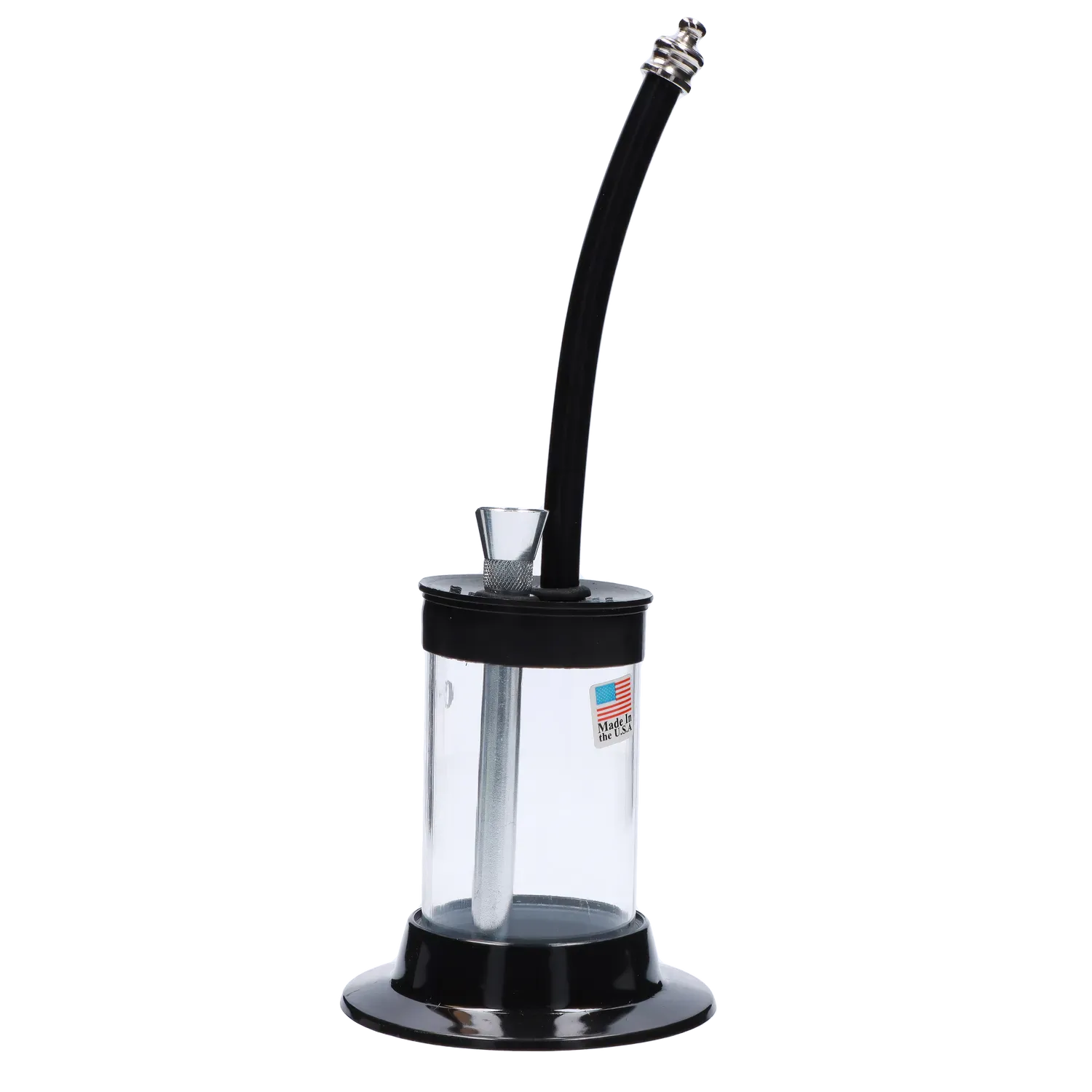 Three-quarter view of the JM Plastics Mini Hoser with Carb Hole Acrylic Bong showing its clear cylindrical body, black flared base and curved black mouthpiece.