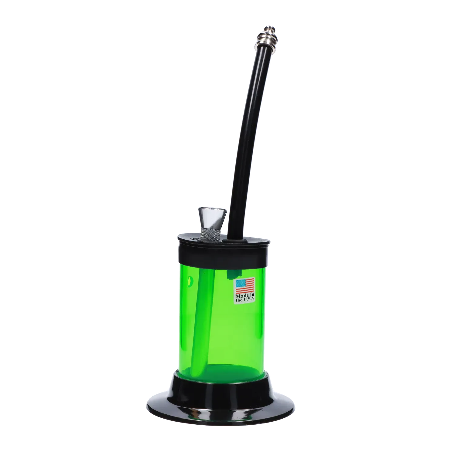 Studio-lit side view of the JM Plastics Mini Hoser with Carb Hole Acrylic Bong showing its tall black downstem and green cylindrical body with a small USA flag sticker.