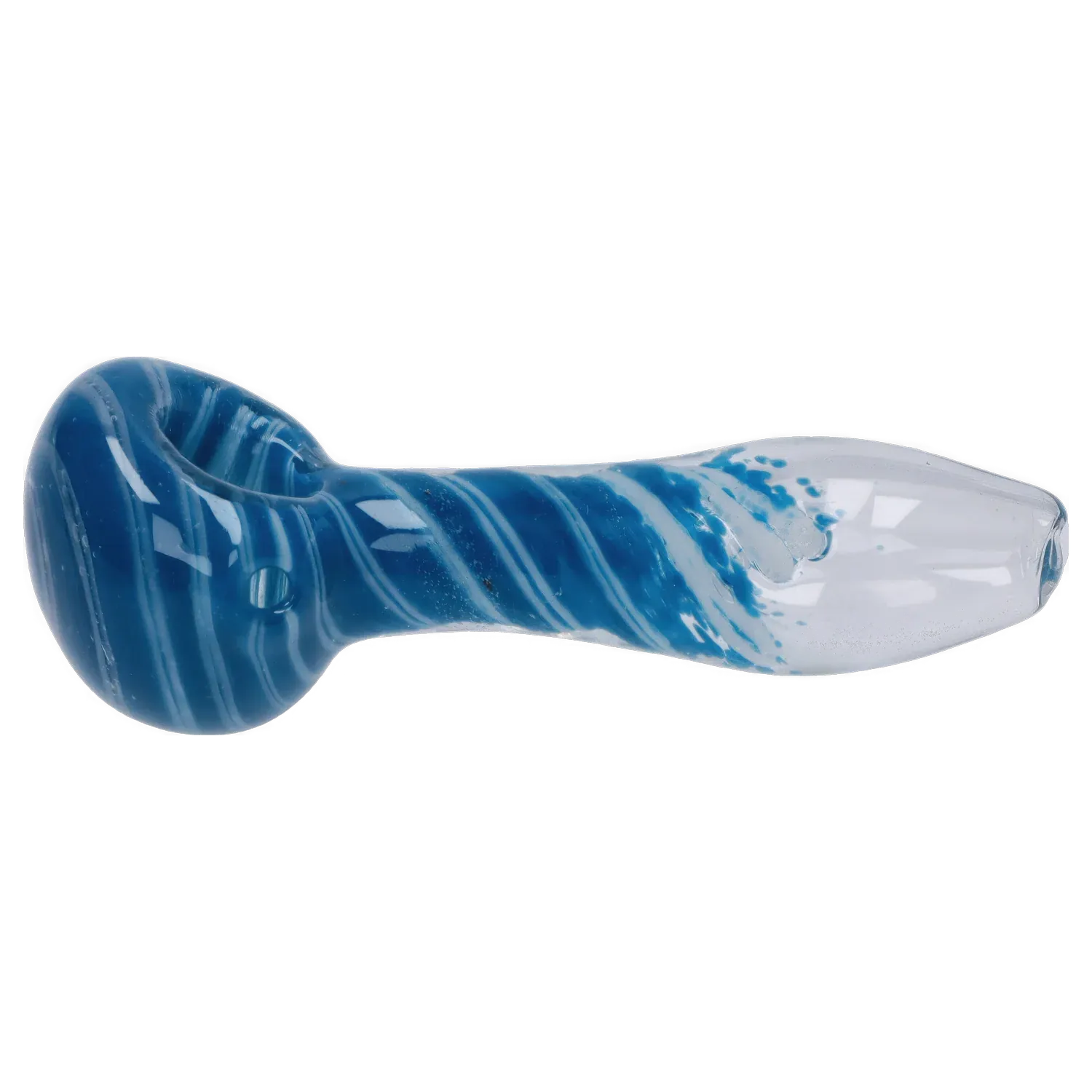 Side view of the DHC 3-inch Glass with Marble Hand Pipe showing blue-and-white swirled glass with a rounded bowl on the left.