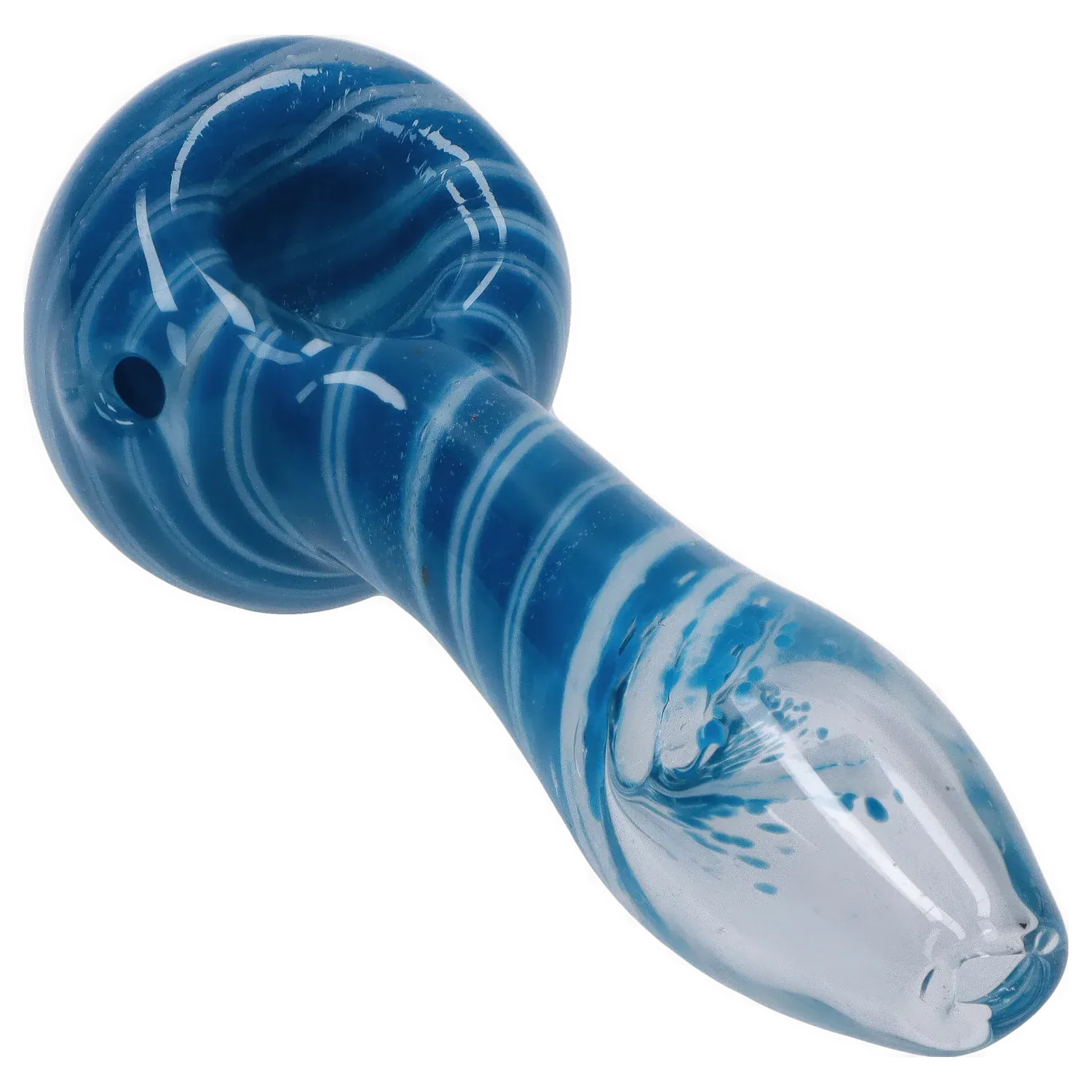 Angled close-up of the blue swirled DHC 3-inch Glass with Marble Hand Pipe showing the bowl, carb hole, and rounded mouthpiece against a black background
