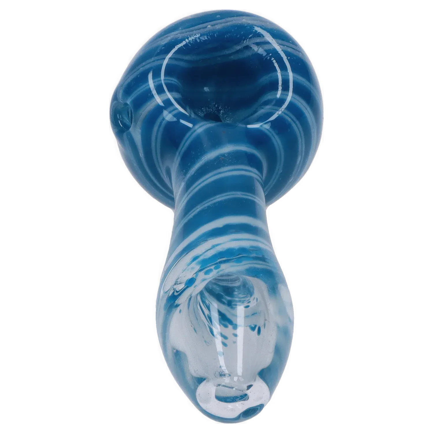 Top-down close-up of the blue DHC 3-inch Glass with Marble Hand Pipe showing white swirl bands and the rounded bowl.