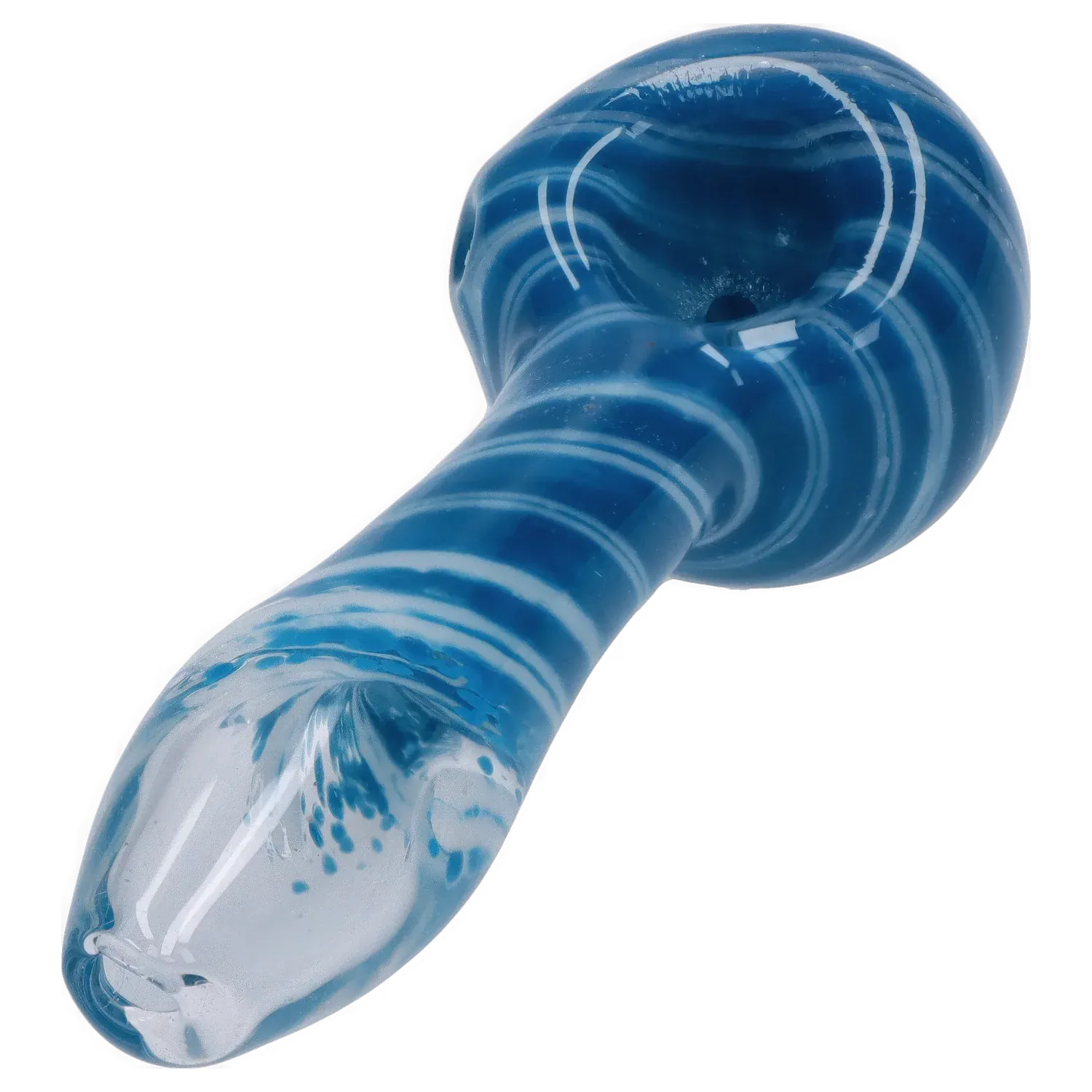 Angled close-up of the DHC 3-inch Glass with Marble Hand Pipe showing its blue glass body with white swirled marbling and a shallow bowl.