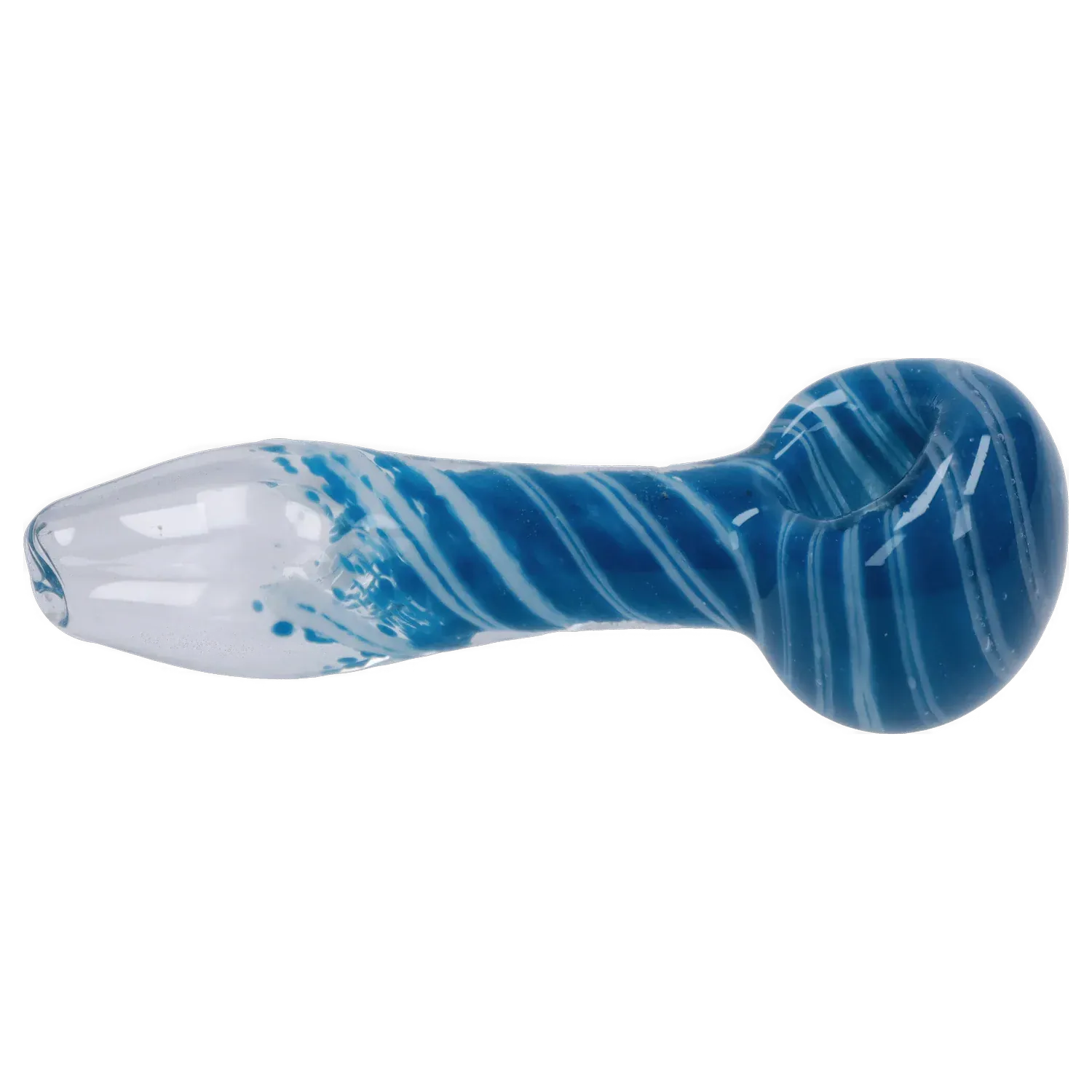 Side view of the DHC 3-inch Glass with Marble Hand Pipe showing a blue and white swirled bulbous bowl and clear-tipped stem.