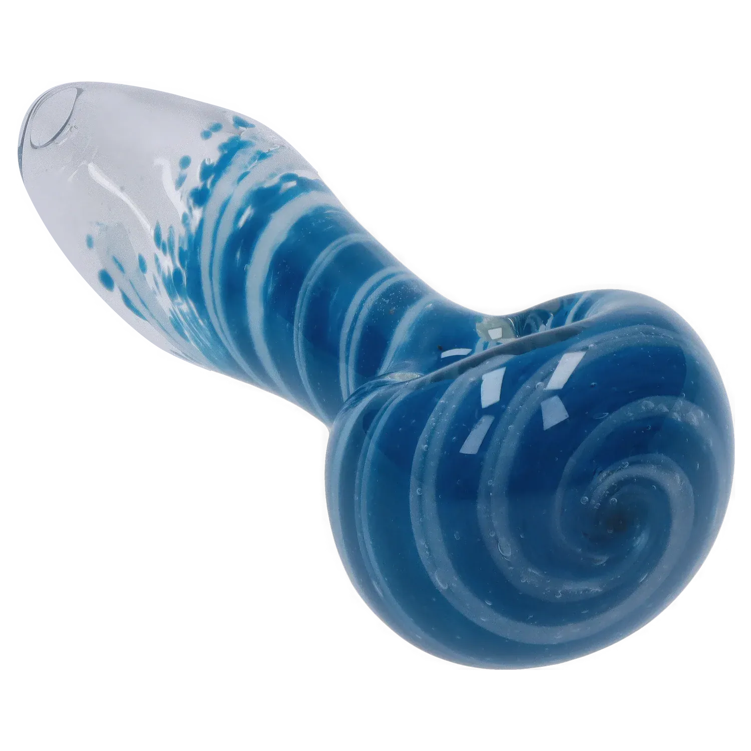 Close-up angled view of the DHC 3-inch Glass with Marble Hand Pipe showing its glossy blue spiral bowl and swirled clear-to-blue stem.