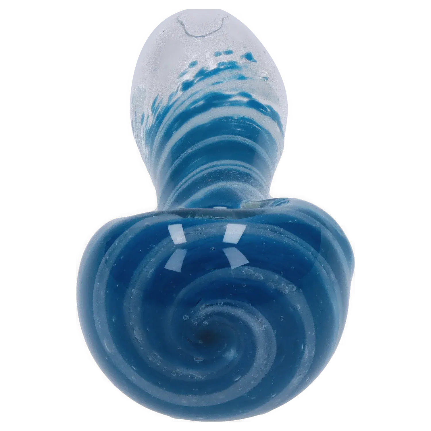 Close-up top-down view of the DHC 3-inch Glass with Marble Hand Pipe showing blue and white spiral marbling and glossy reflections.