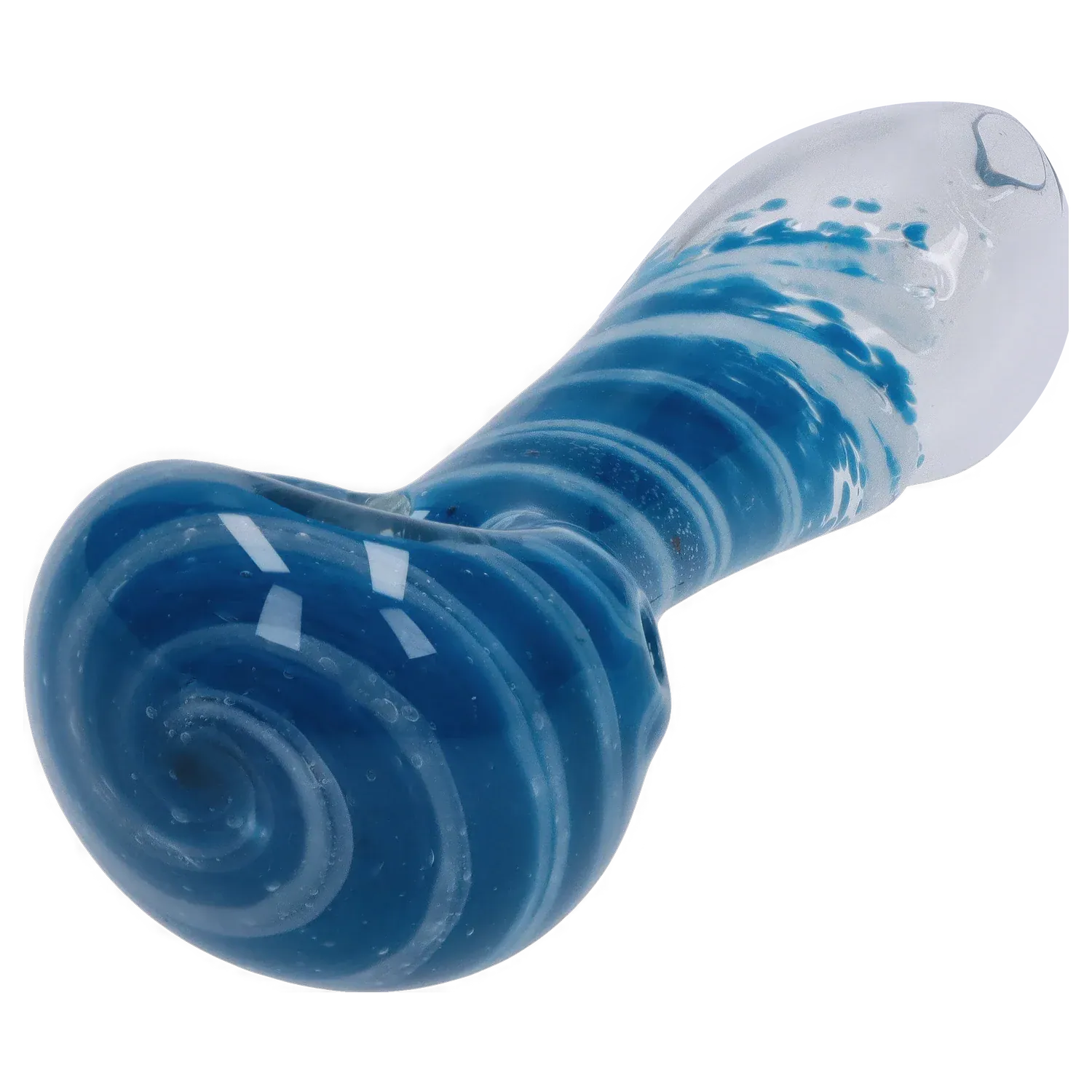 Angled close-up of the blue-and-clear DHC 3-inch Glass with Marble Hand Pipe showing spiral ridges and glossy reflections.