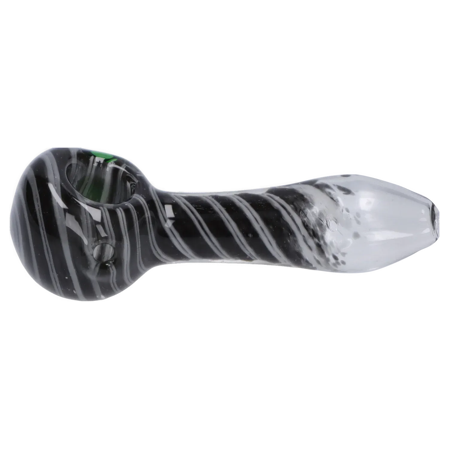 Side view of the DHC 3-inch Glass with Marble Hand Pipe showing black glass with white spiral stripes and a clear rounded mouthpiece.