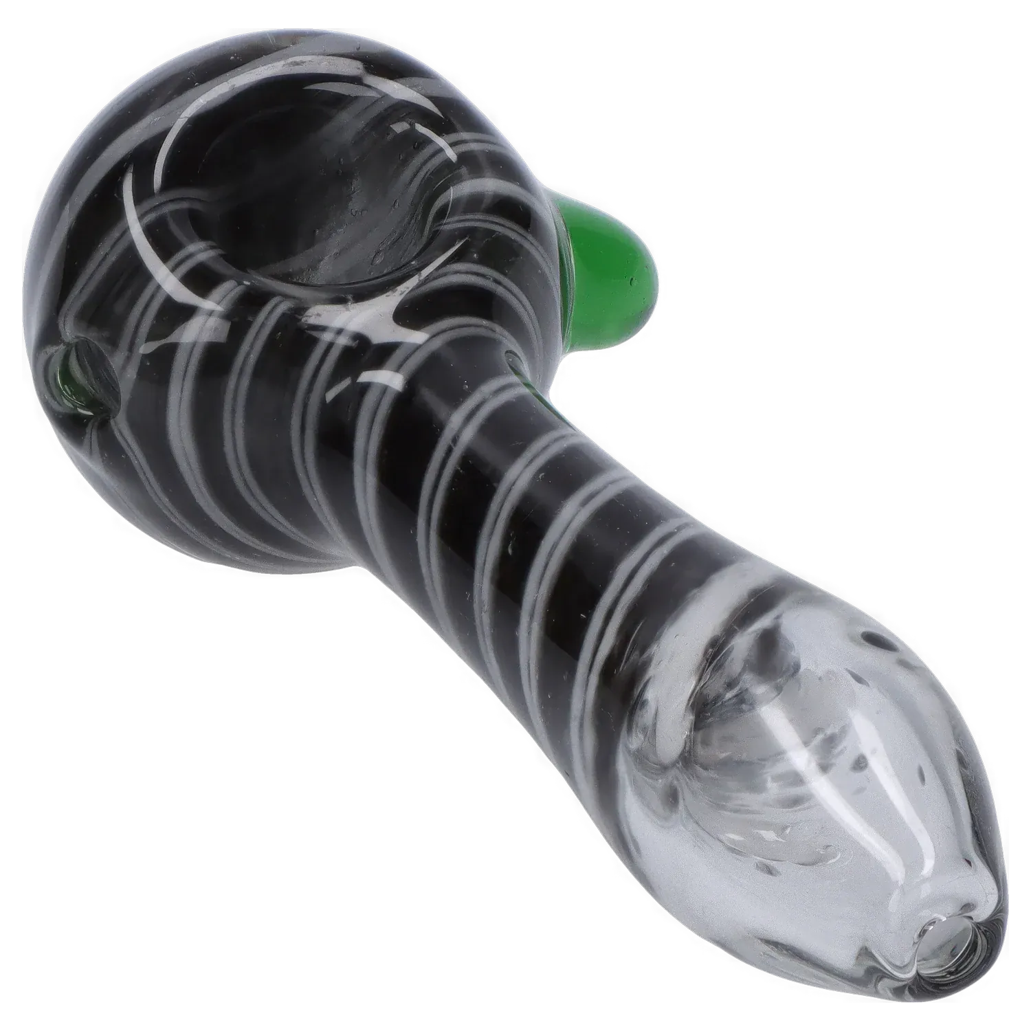 Angled close-up of the DHC 3-inch Glass with Marble Hand Pipe showing black glass with white swirl bands and a small green marble.