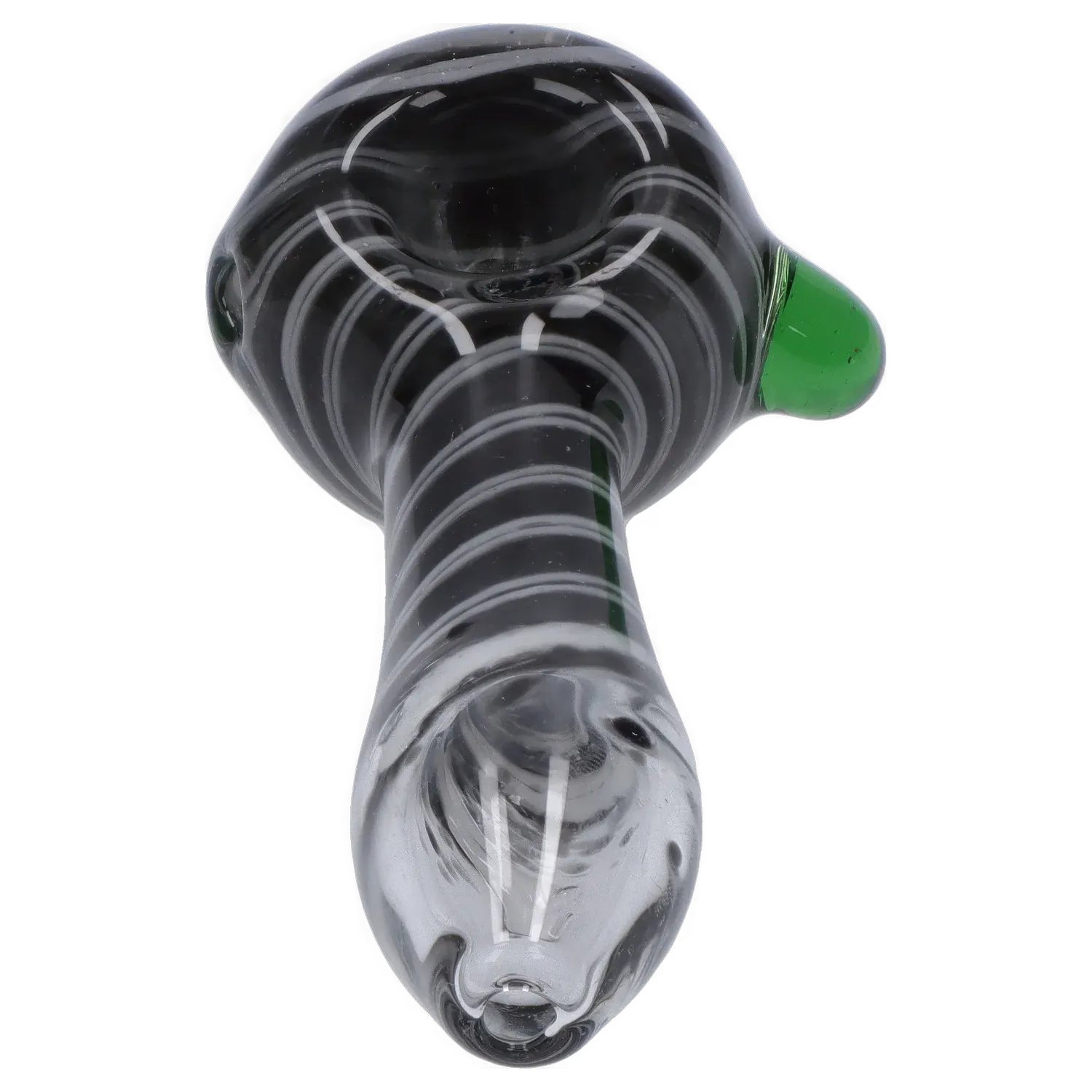 Close-up top-down view of the DHC 3-inch Glass with Marble Hand Pipe showing black glass with white spiral stripes and a small green marble on the side.