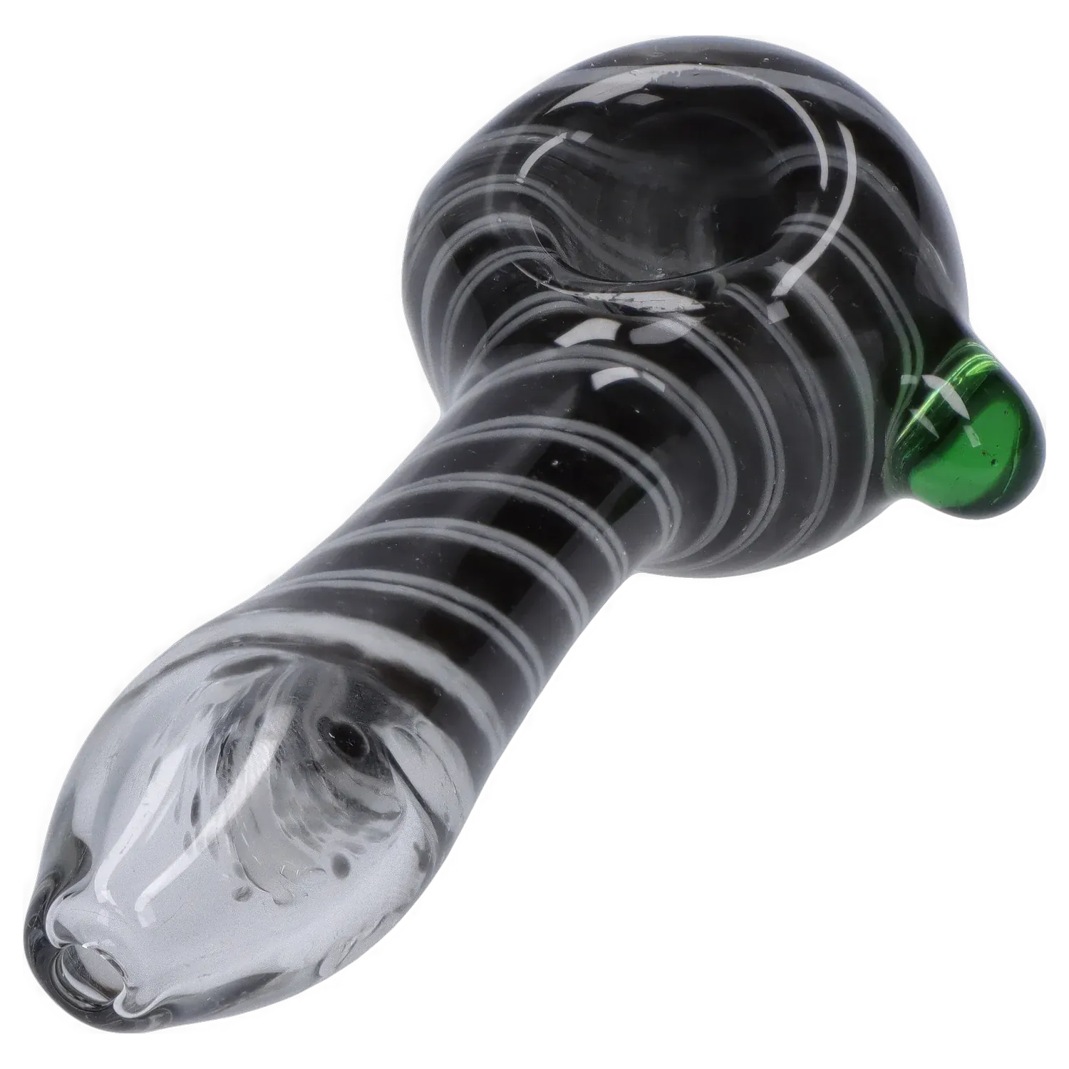 Angled close-up of the DHC 3-inch Glass with Marble Hand Pipe showing its black glass body with white spiral banding and a small green marble accent.