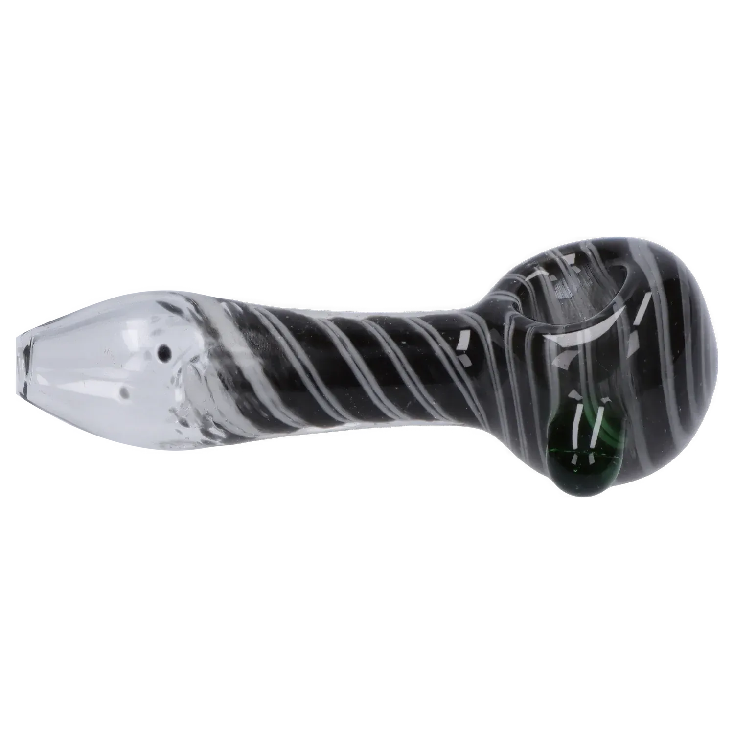 Side profile of the DHC 3-inch Glass with Marble Hand Pipe showing a black glass body with white spiral stripes and a rounded bowl with a green marble.