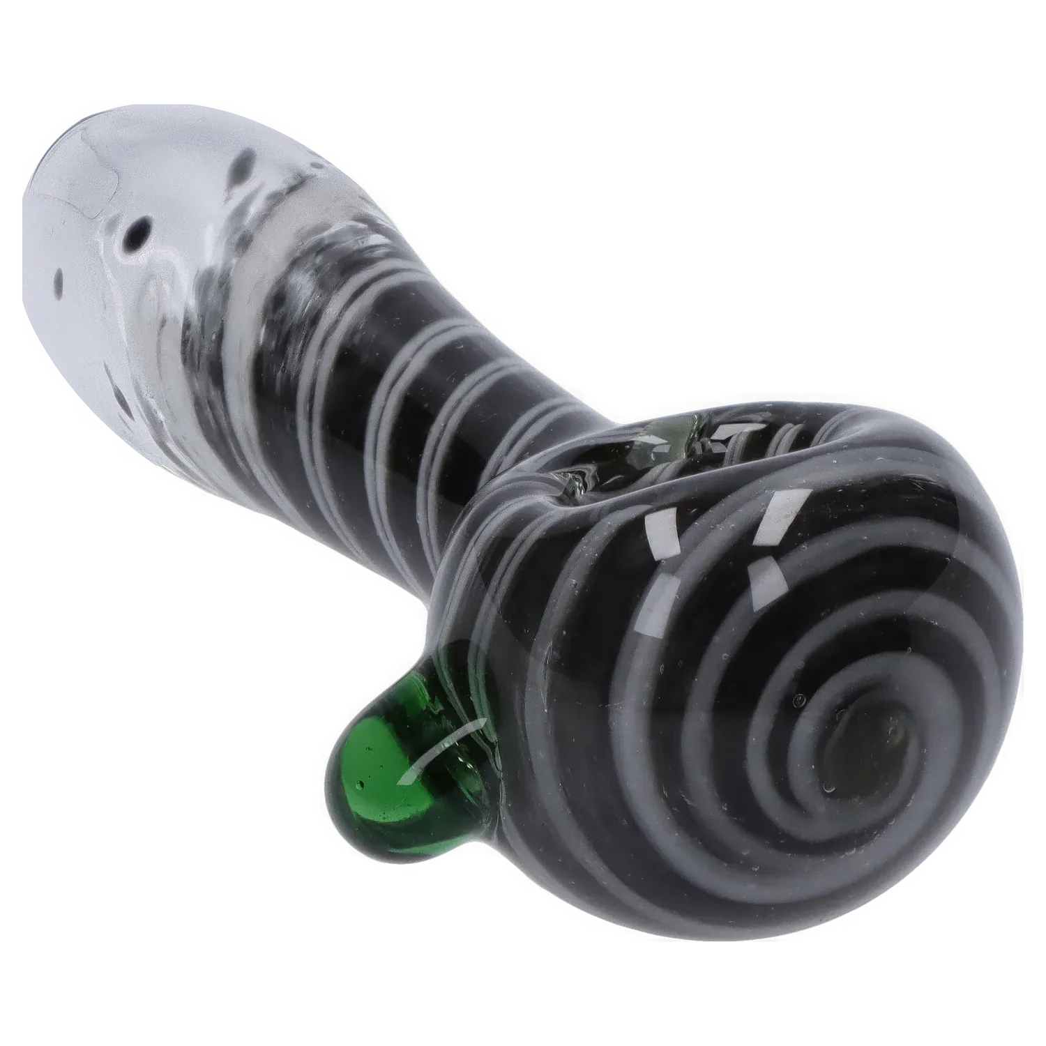 Angled close-up of the DHC 3-inch Glass with Marble Hand Pipe showing its black glass body with white spiral striping and a green glass marble accent.