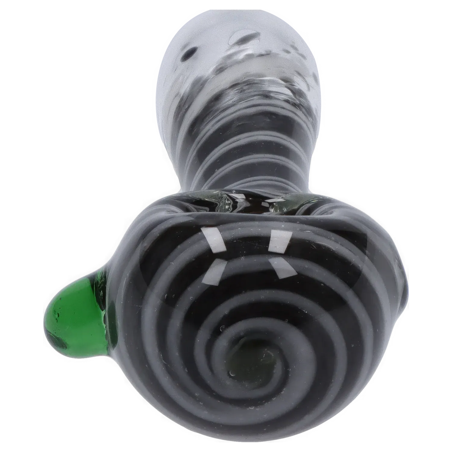 Close-up top-down view of the DHC 3-inch Glass with Marble Hand Pipe showing black and white spiral glasswork and a small green accent.