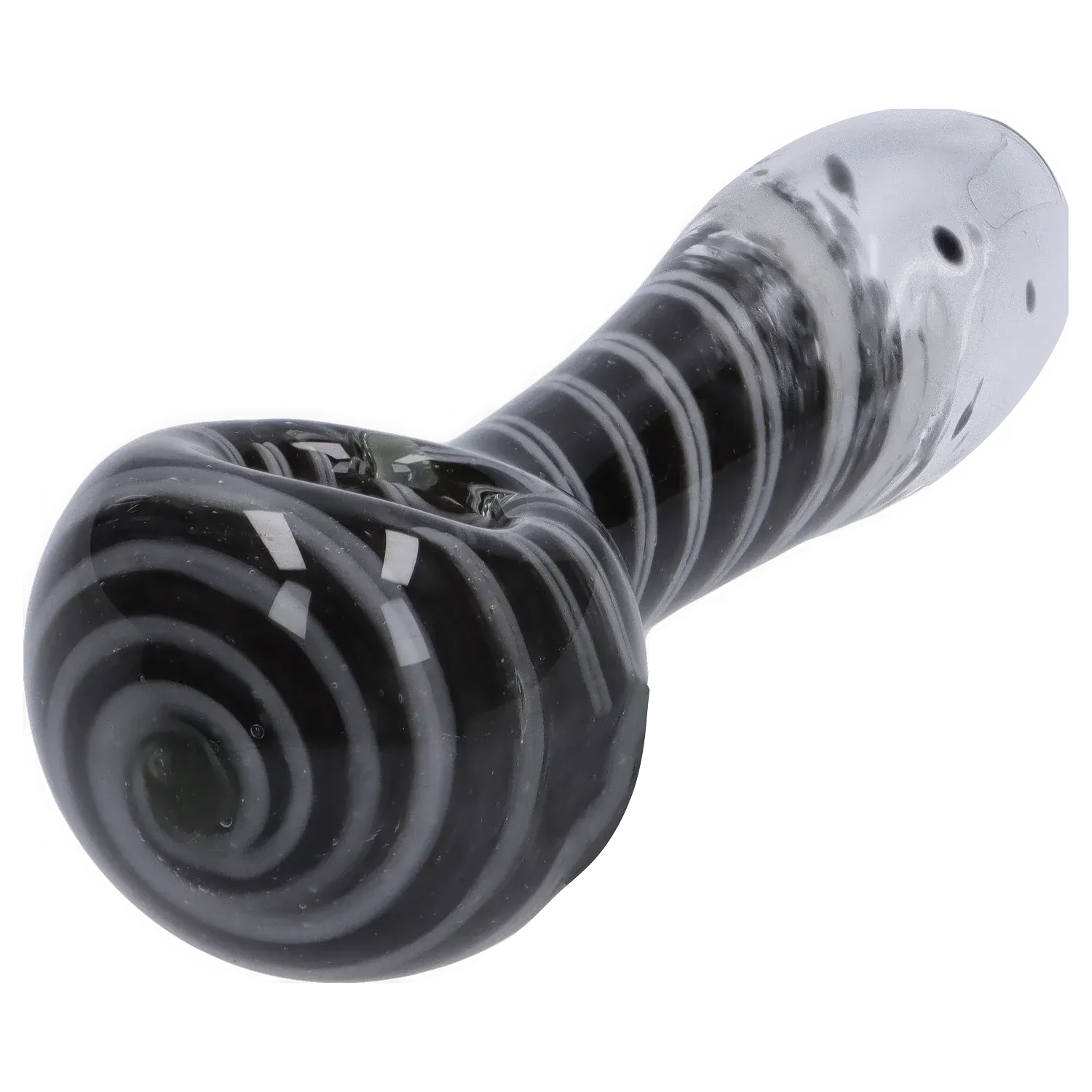 Close-up, angled view of the black-and-white swirled DHC 3-inch Glass with Marble Hand Pipe against a white background.
